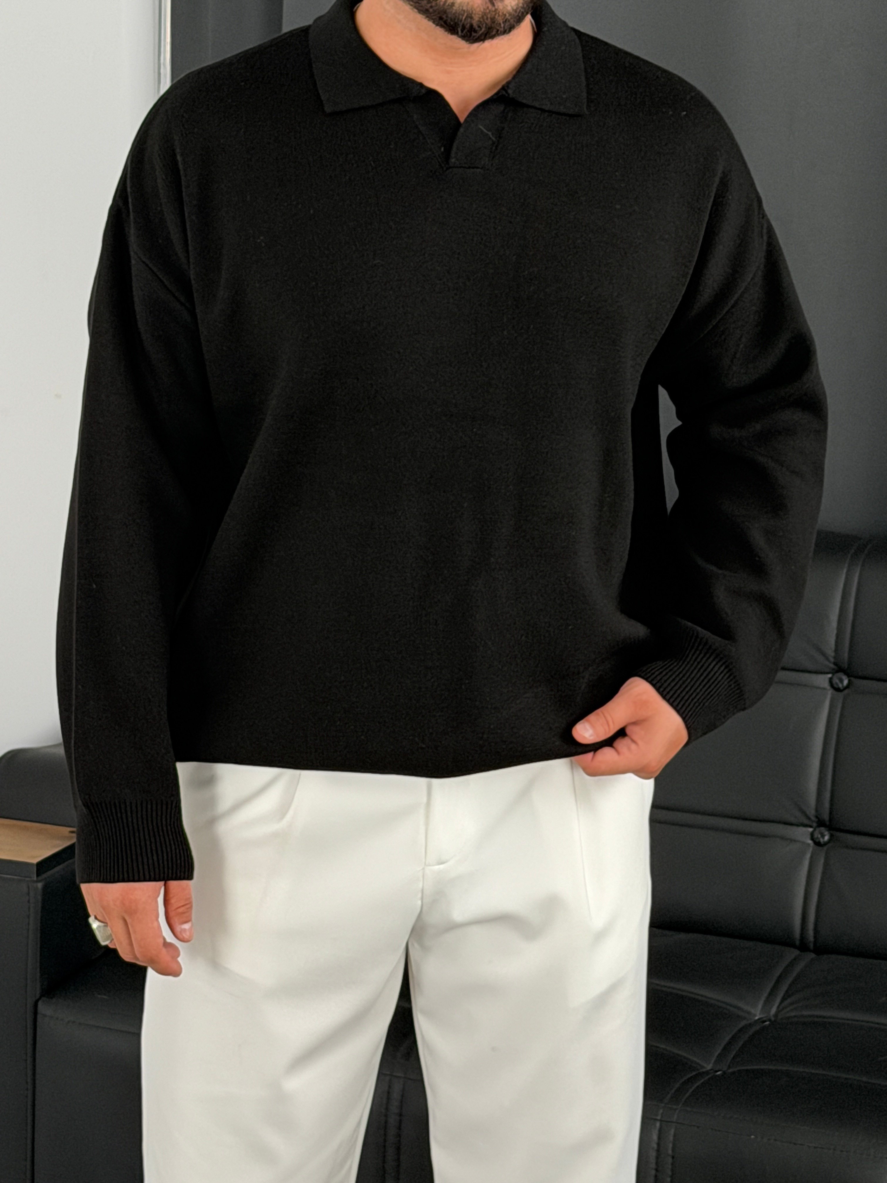 Çelik Örgü Oversize Polo Yaka Triko Sweatshirt Siyah