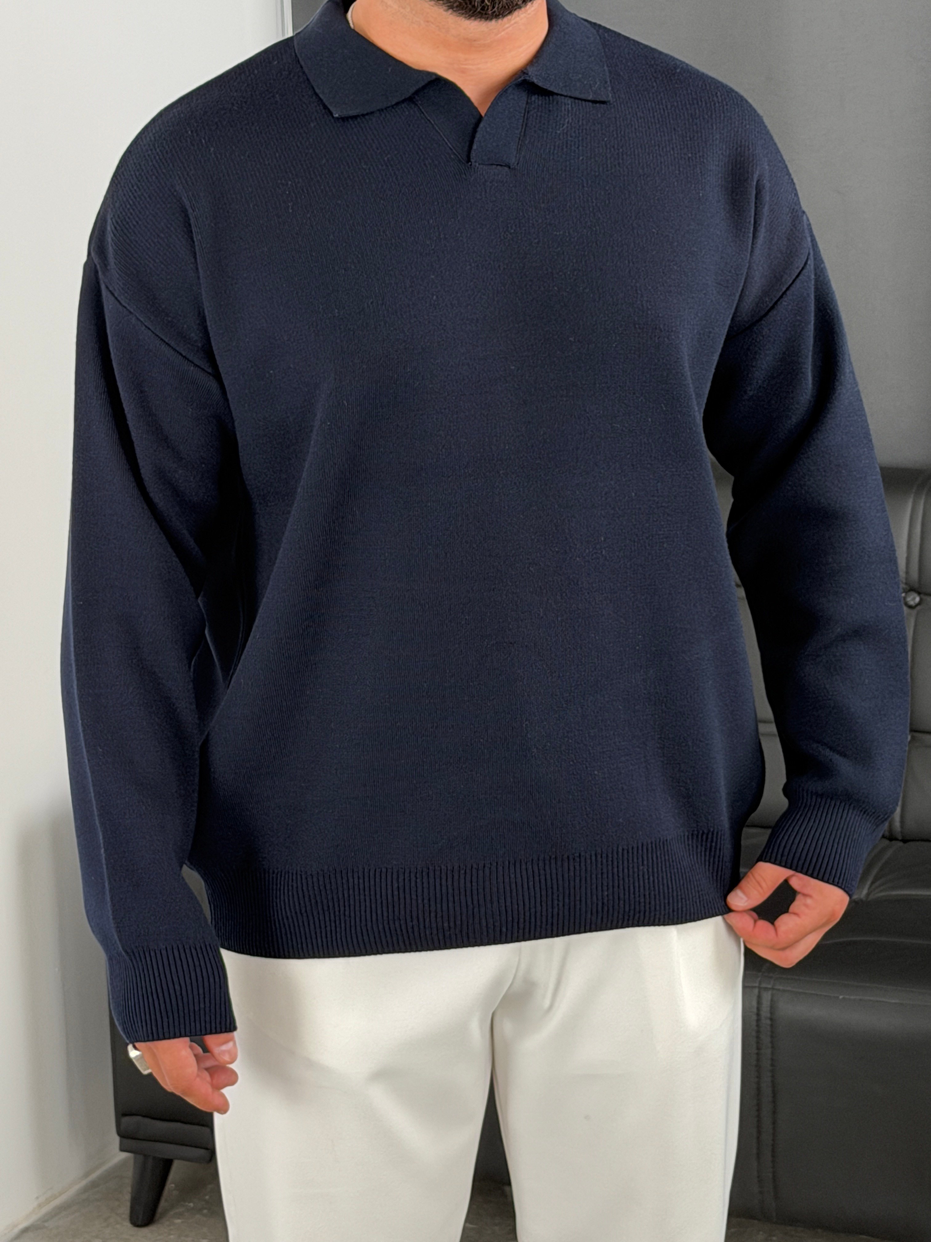 Çelik Örgü Oversize Polo Yaka Triko Sweatshirt Lacivert