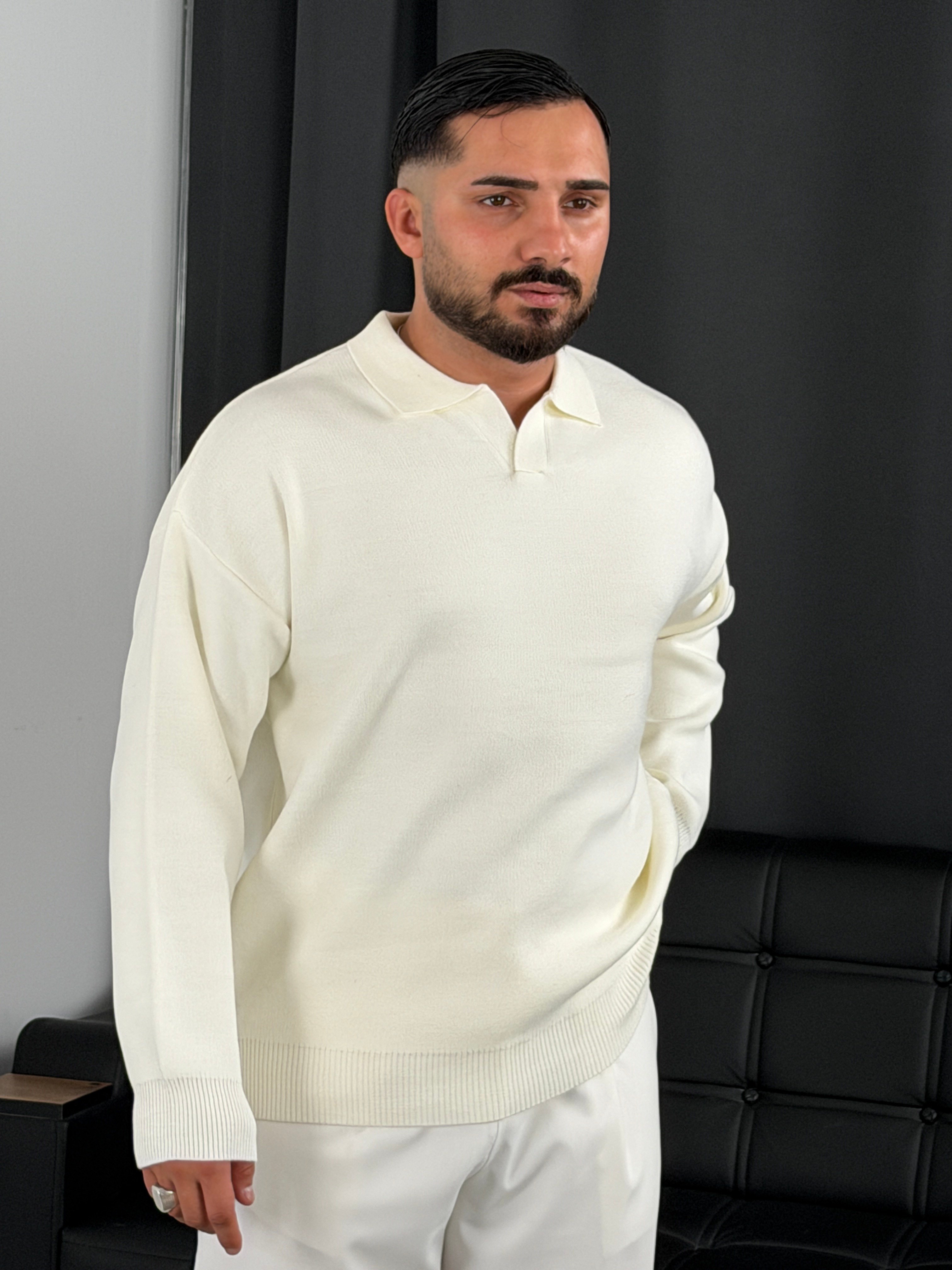 Çelik Örgü Oversize Polo Yaka Triko Sweatshirt Ekru