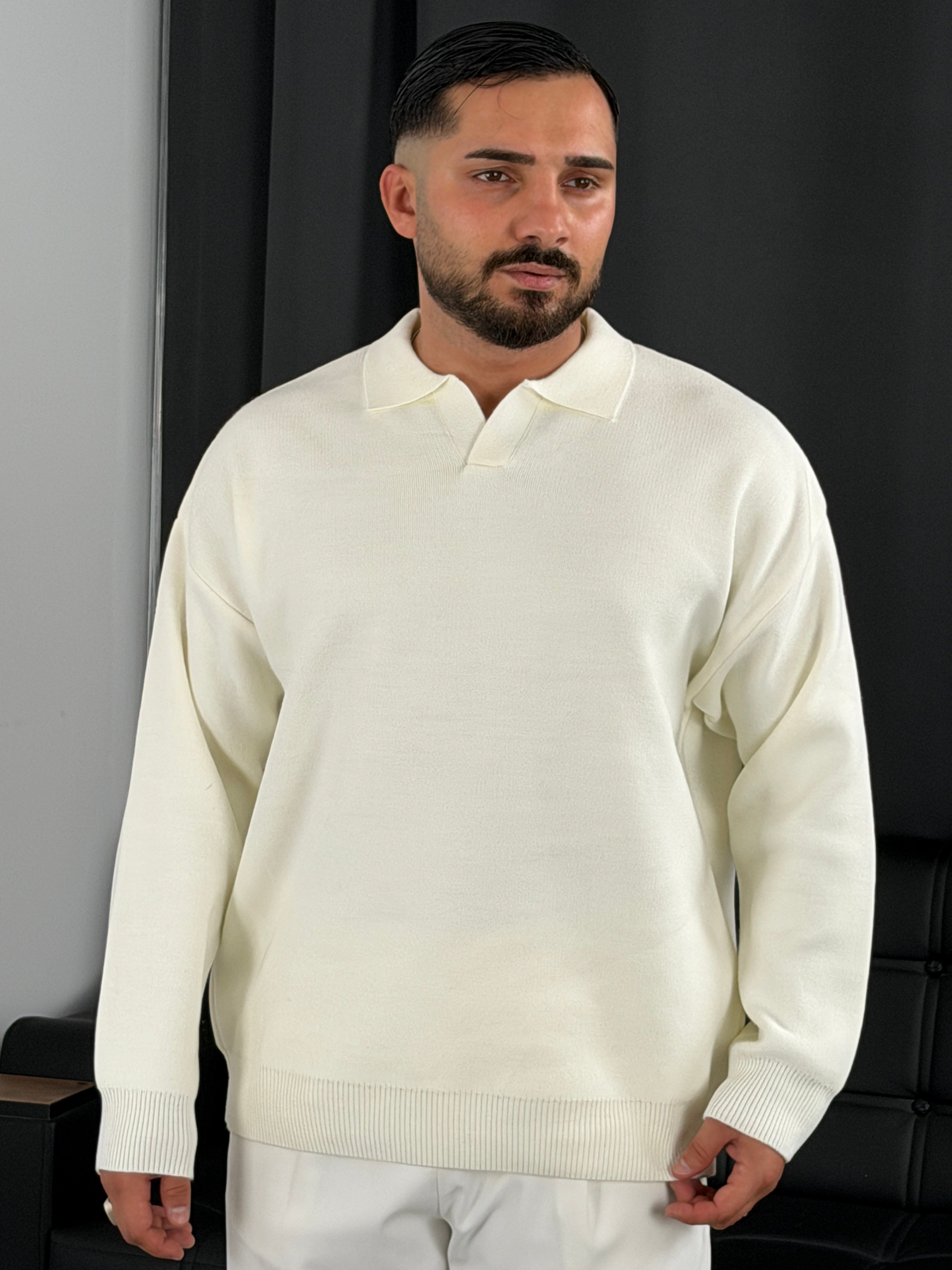 Çelik Örgü Oversize Polo Yaka Triko Sweatshirt Ekru
