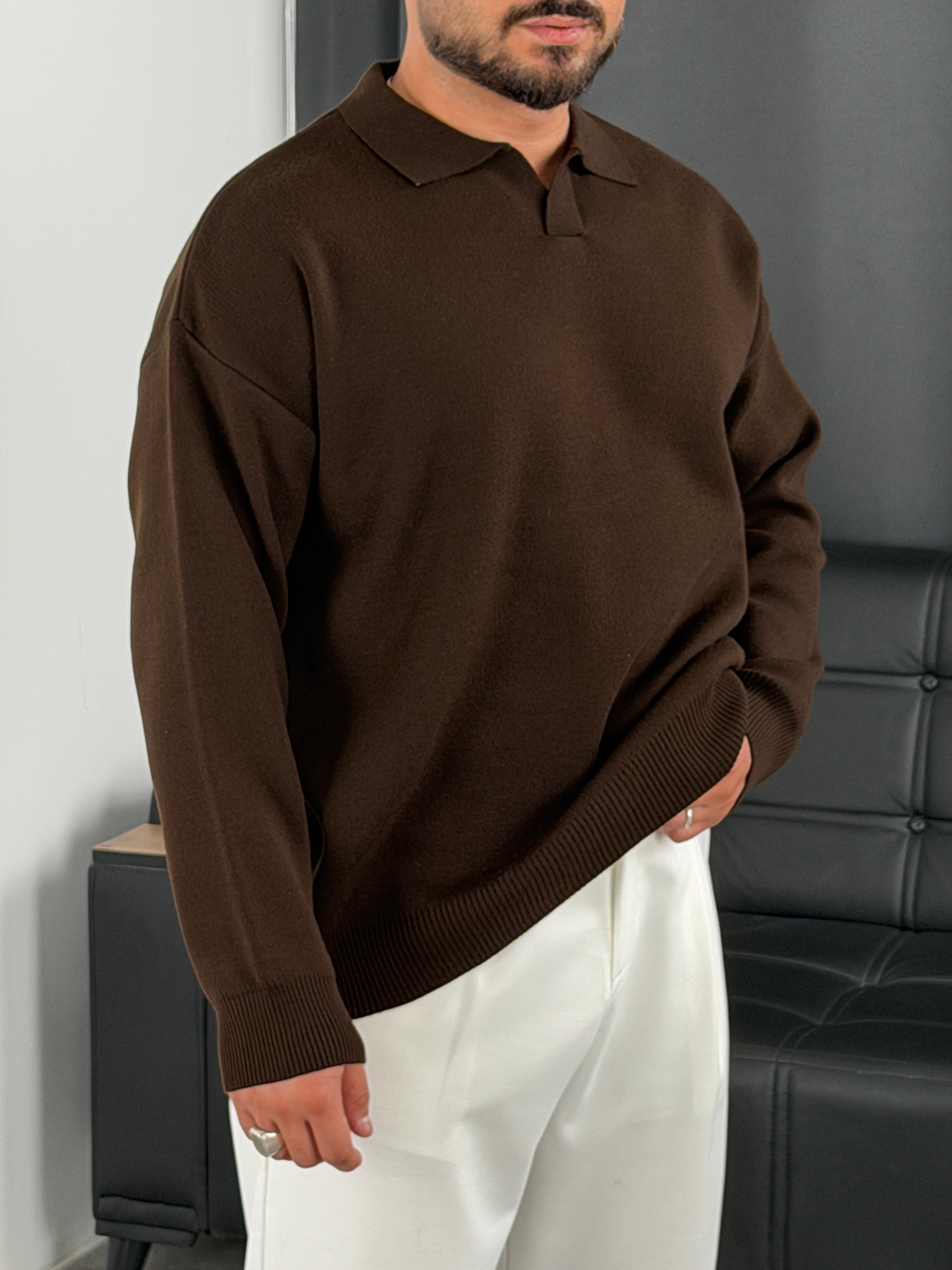 Çelik Örgü Oversize Polo Yaka Triko Sweatshirt Acı Kahve