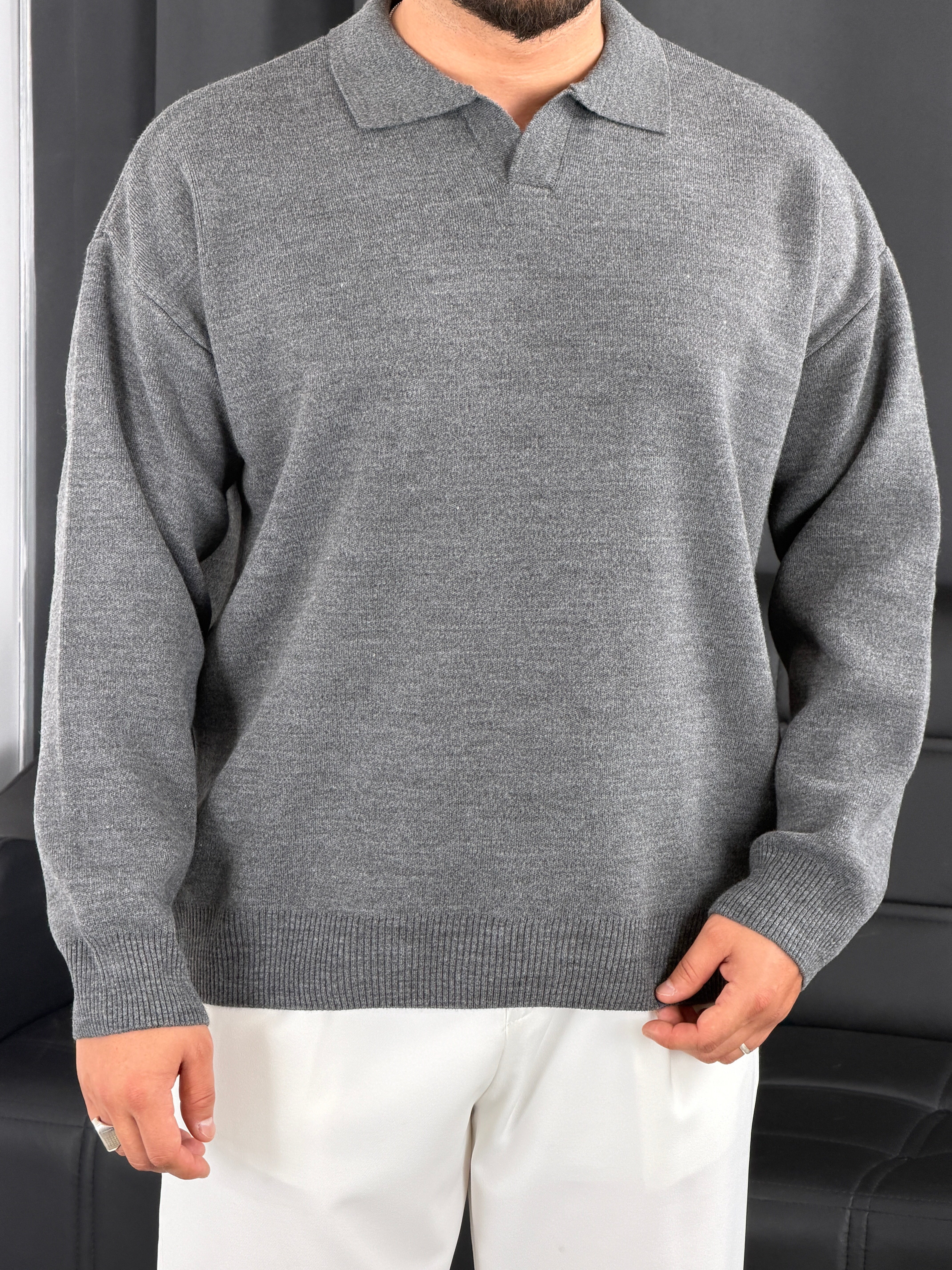 Çelik Örgü Oversize Polo Yaka Triko Sweatshirt Füme
