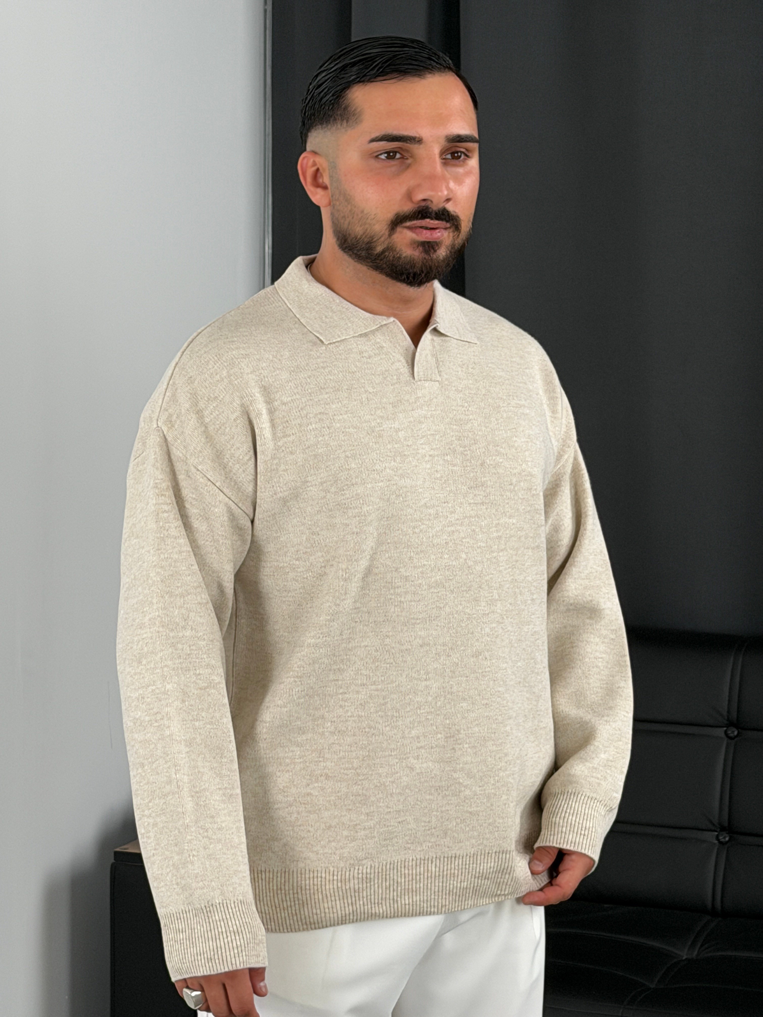 Çelik Örgü Oversize Polo Yaka Triko Sweatshirt Bej