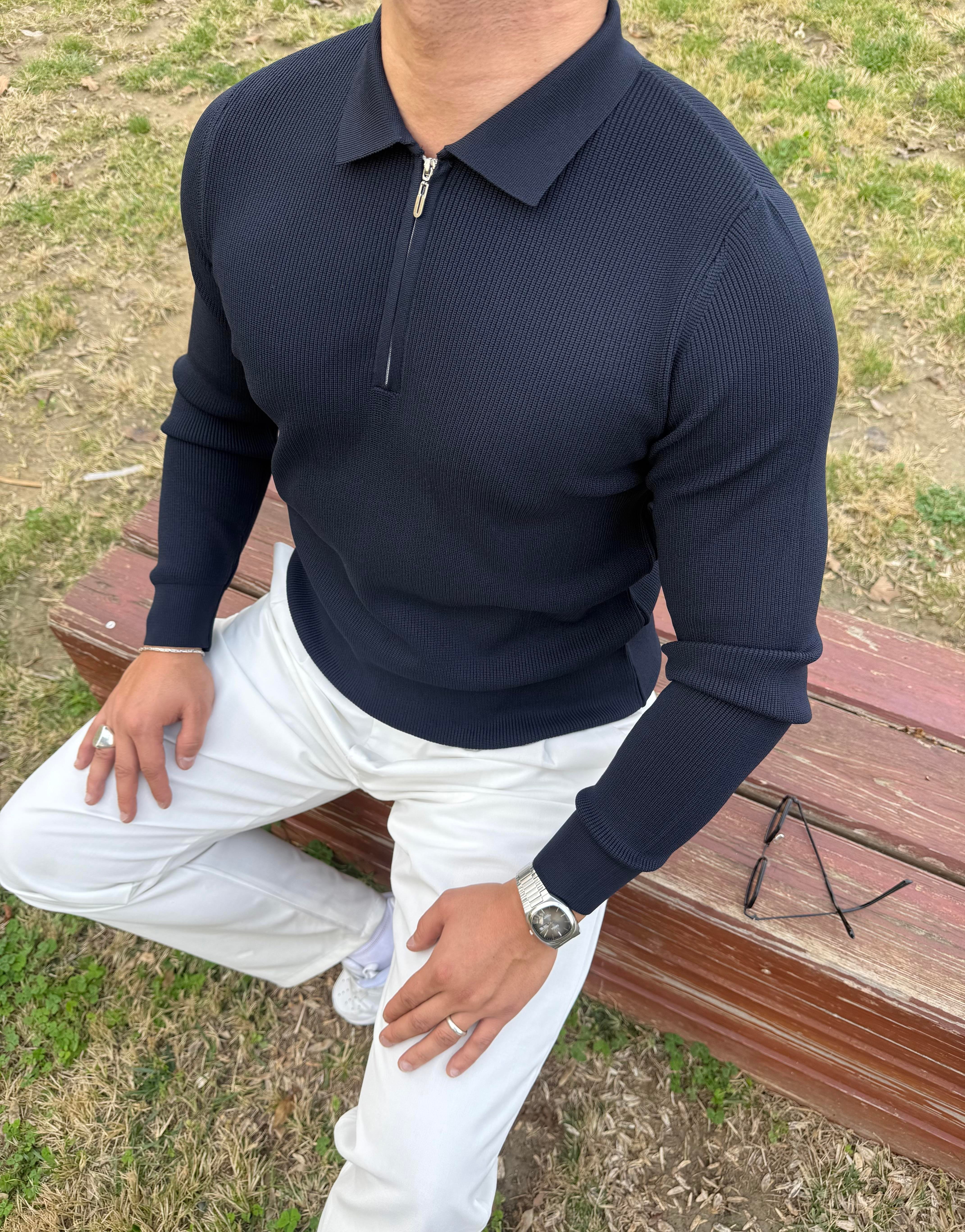 ÇELİK ÖRME TRİKO POLO YAKA YARIM FERMUAR LACİVERT