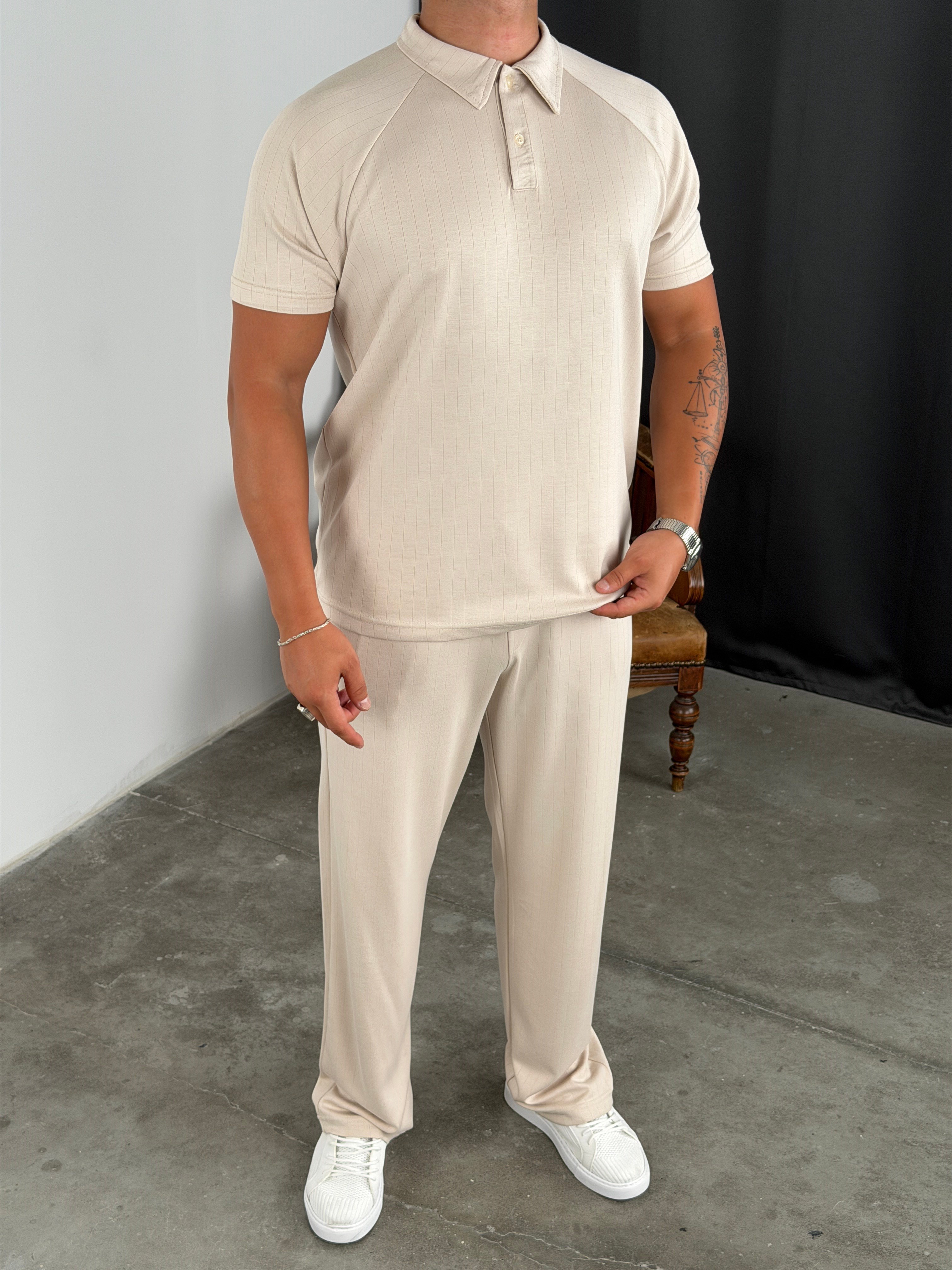 ÇİZGİLİ MODAL POLO YAKA TAKIM BEJ