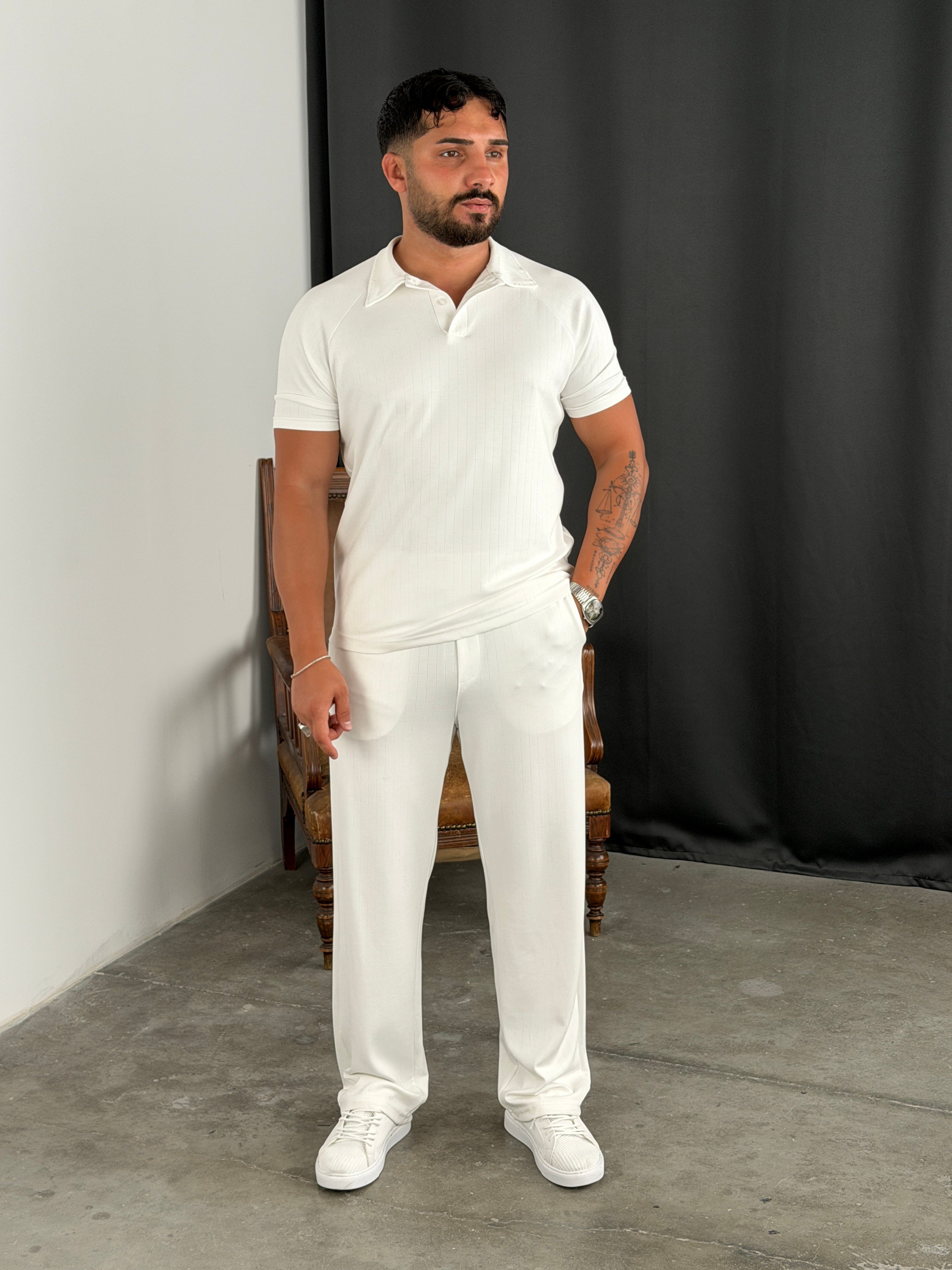 ÇİZGİLİ MODAL POLO YAKA TAKIM BEYAZ