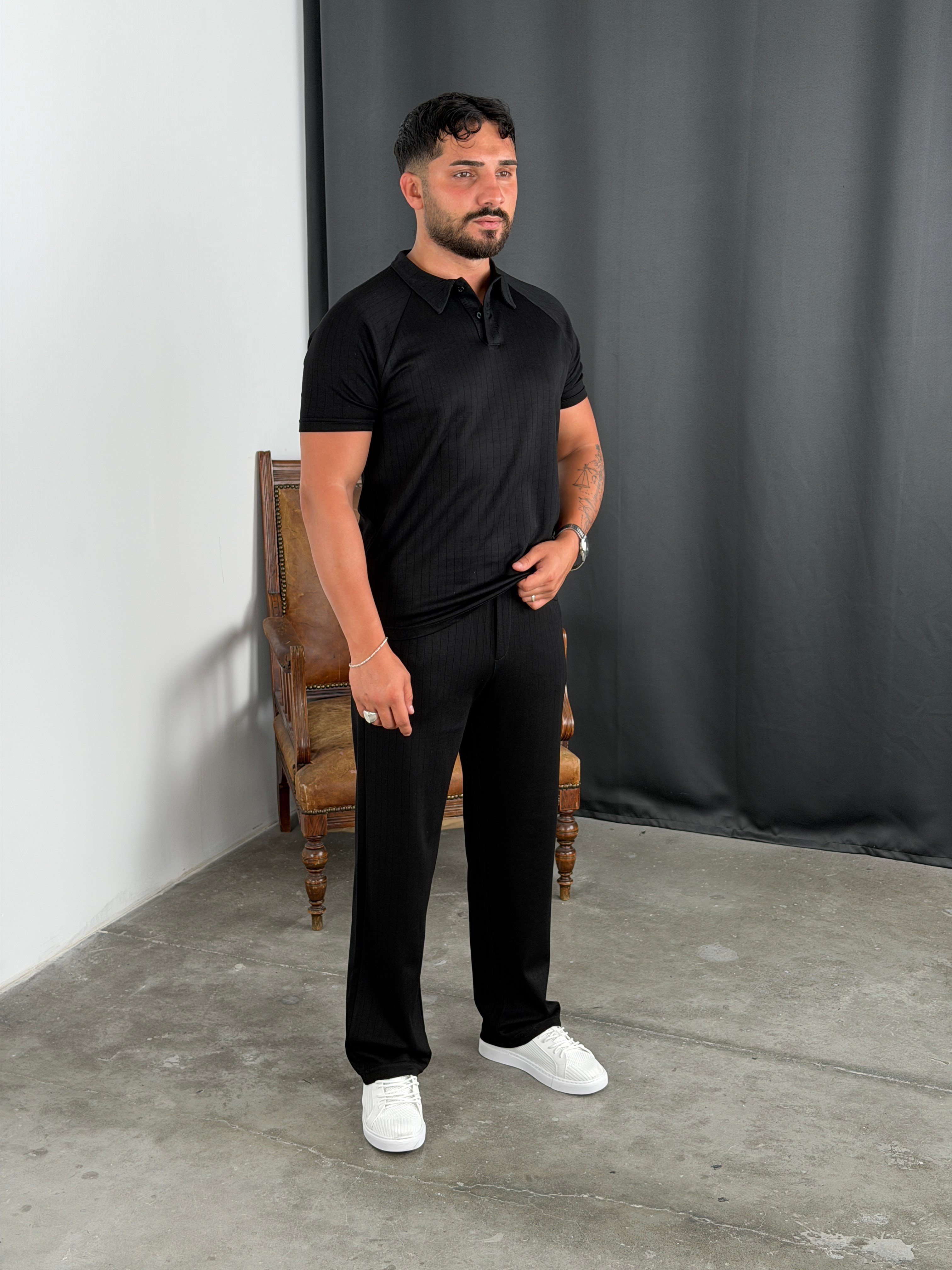 ÇİZGİLİ MODAL POLO YAKA TAKIM SİYAH