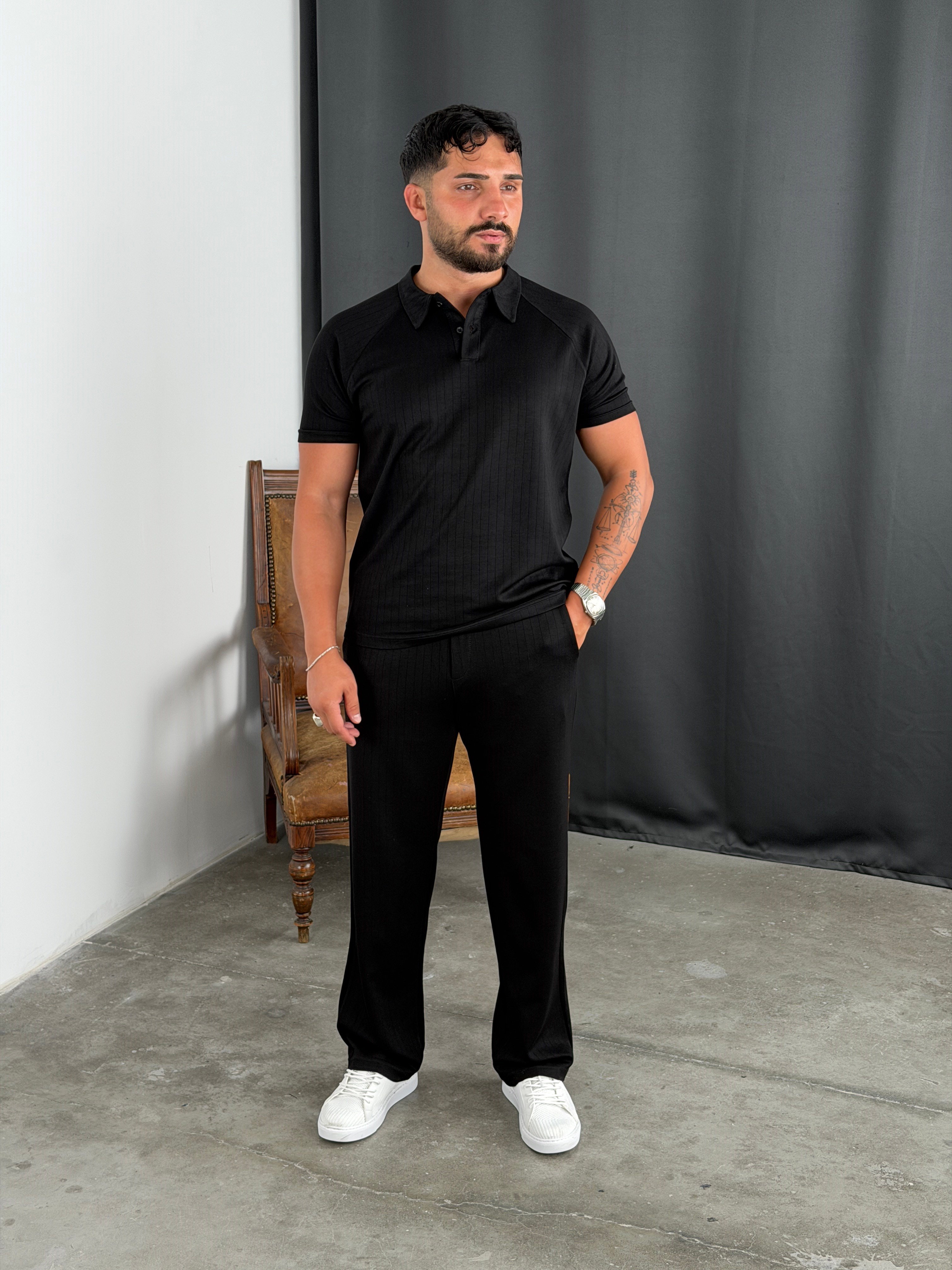 ÇİZGİLİ MODAL POLO YAKA TAKIM SİYAH
