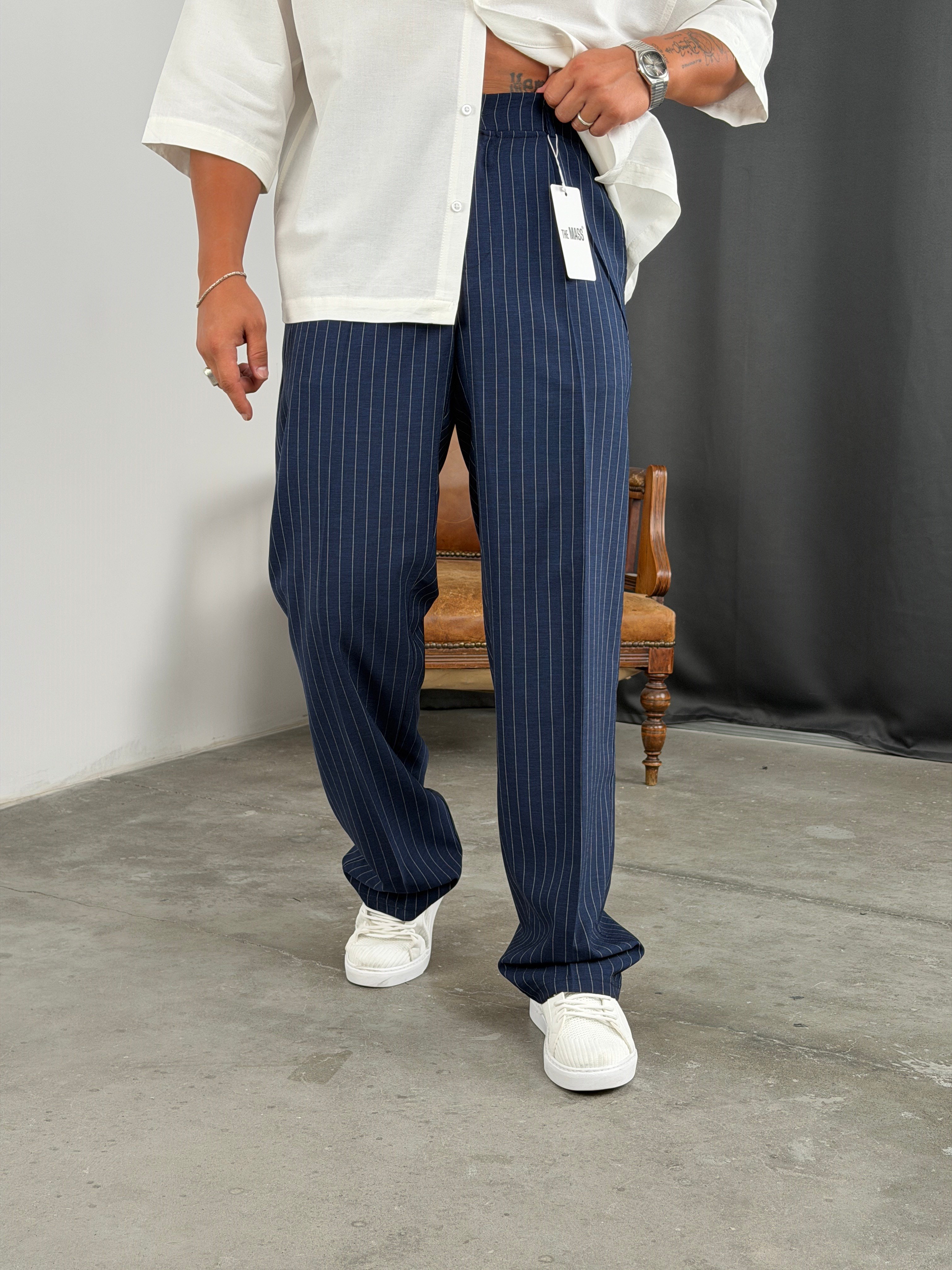 ÇİZGİLİ VİSKON SÜPER BAGGY KUMAŞ PANTOLON LACİVERT