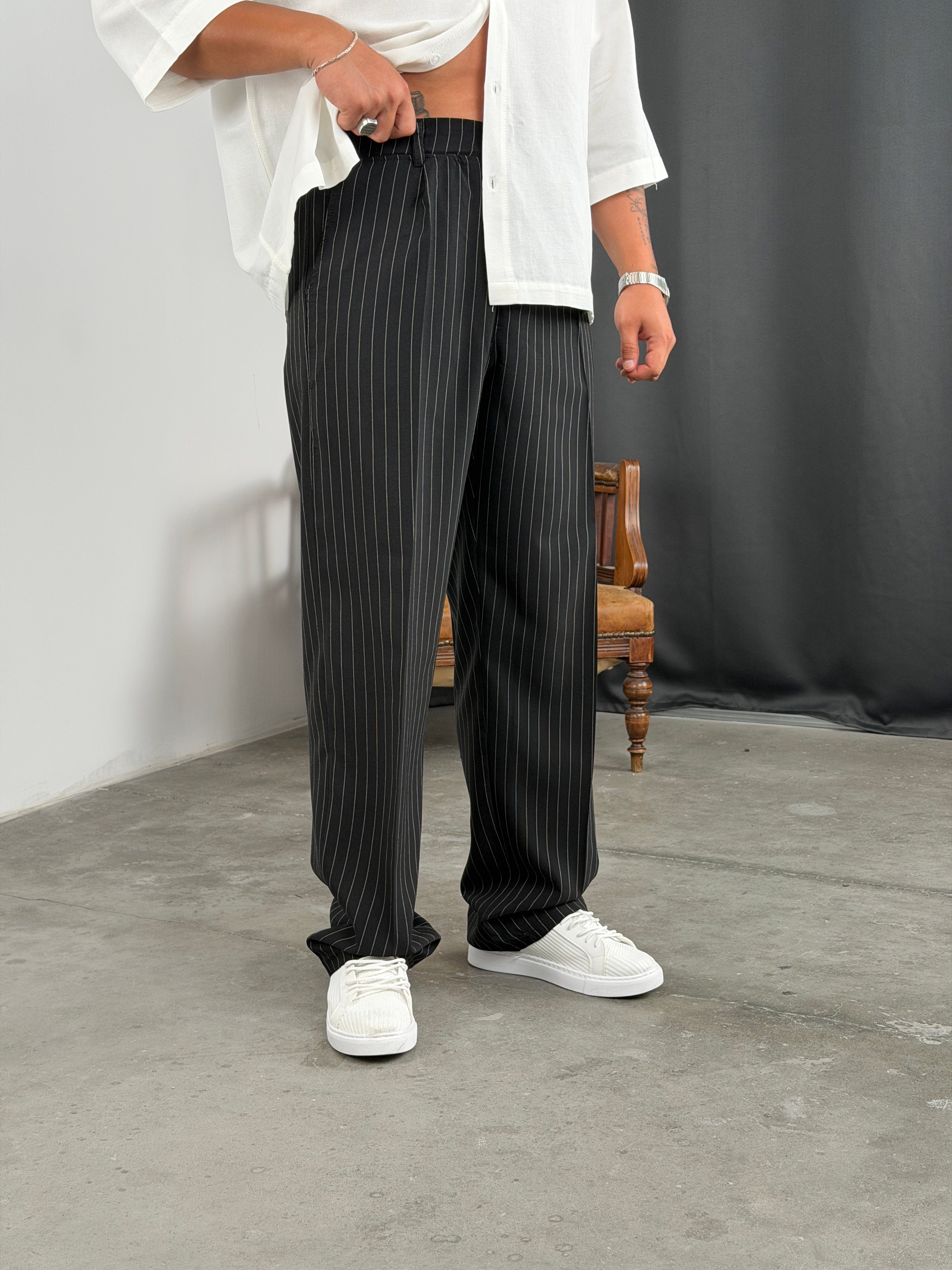 ÇİZGİLİ VİSKON SÜPER BAGGY KUMAŞ PANTOLON SİYAH