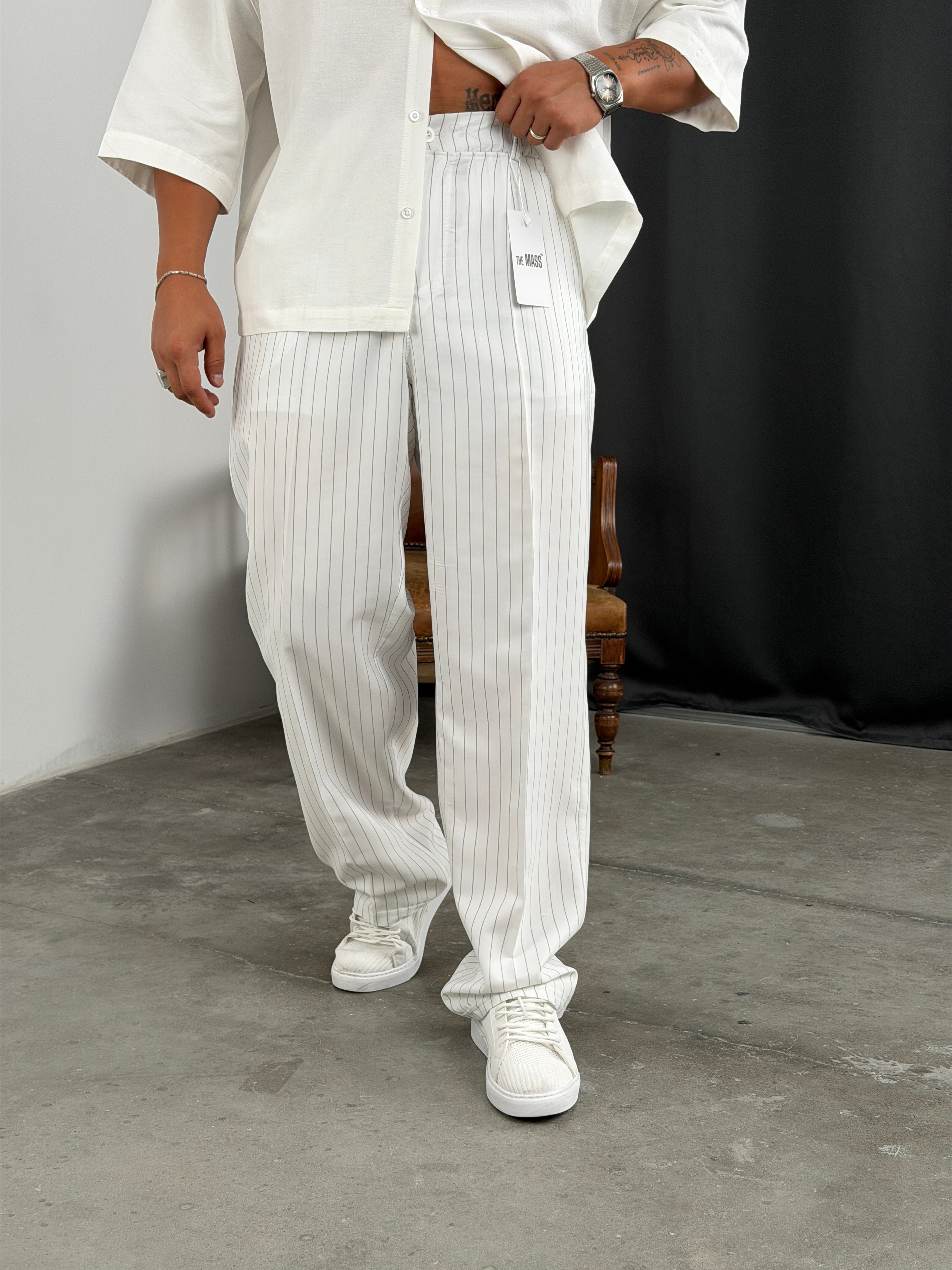 ÇİZGİLİ VİSKON SÜPER BAGGY KUMAŞ PANTOLON BEYAZ