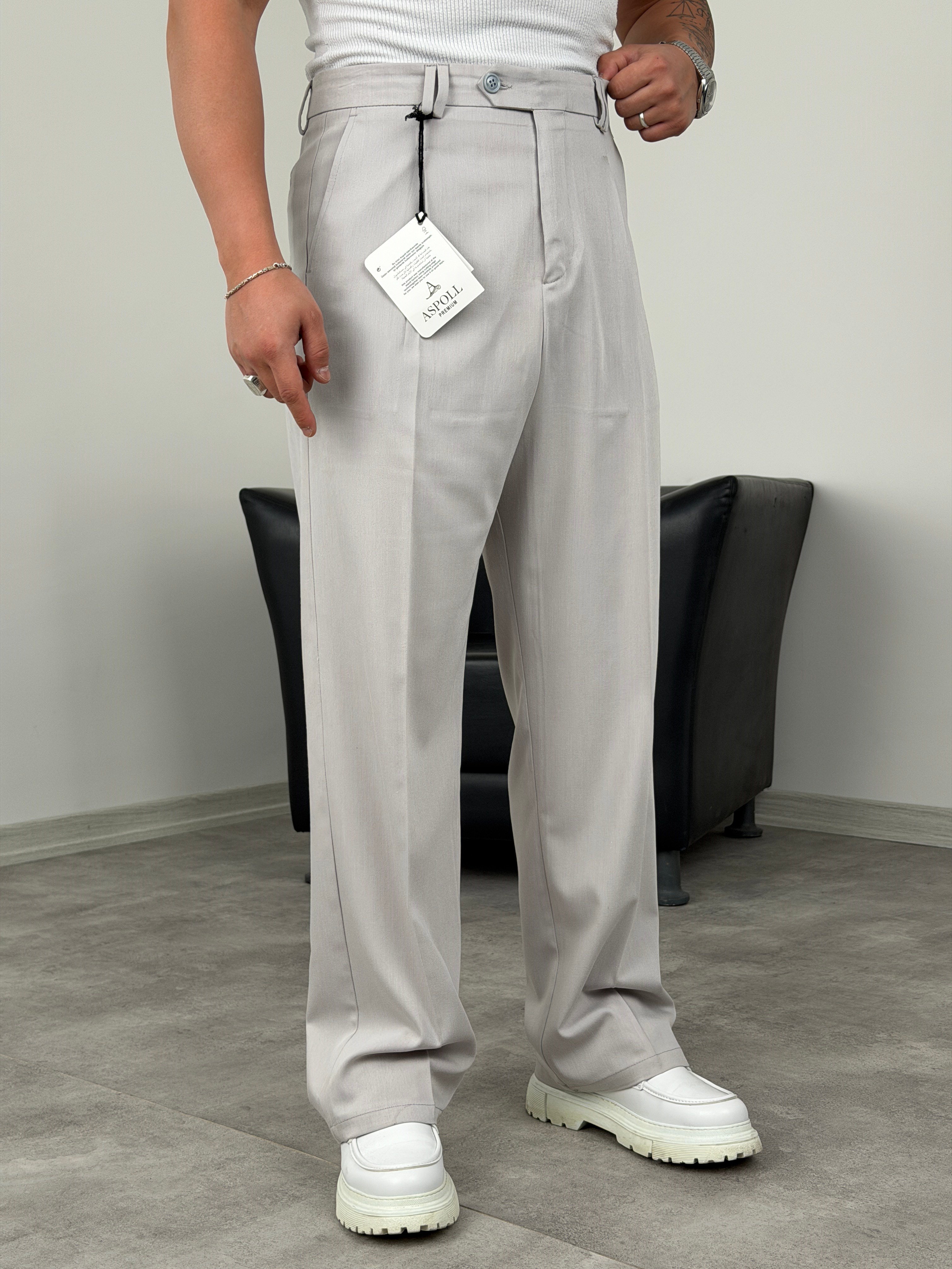 DİL DETAYLI PİLELİ VİSKON SUPER BAGGY PANTOLON TAŞ GRİ