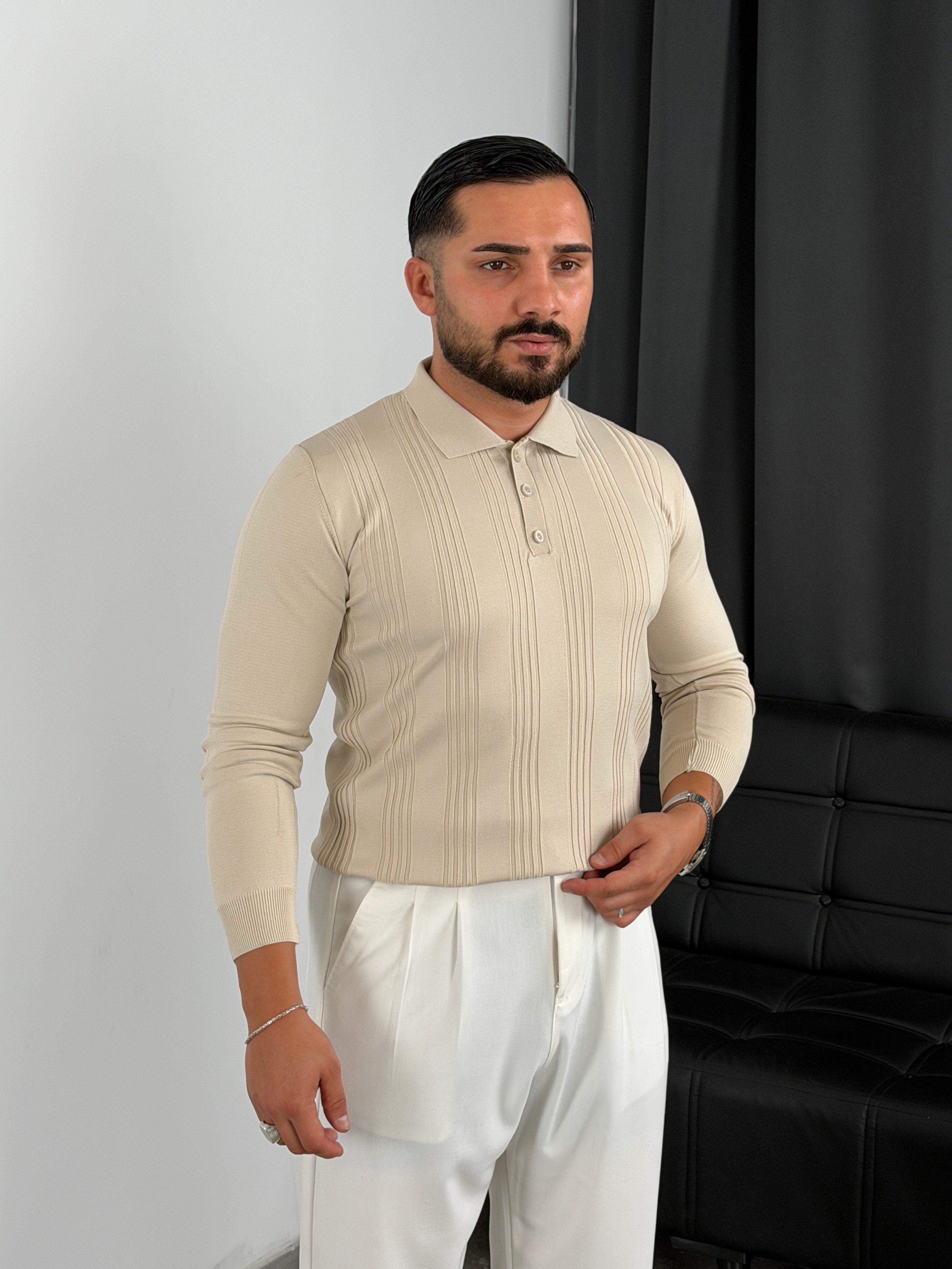 Düğmeli Polo Yaka Şeritli Triko Sweatshirt Bej