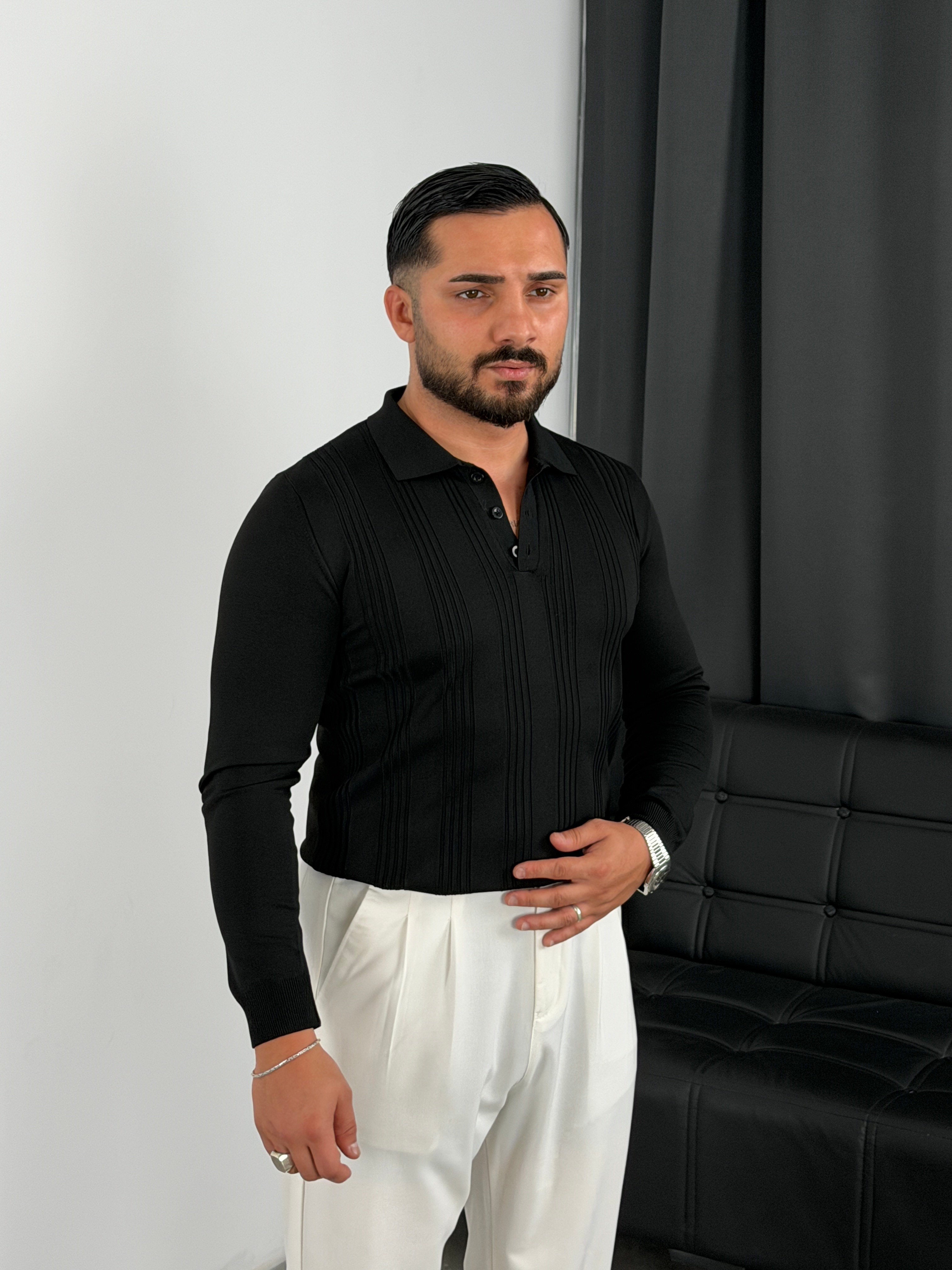 Düğmeli Polo Yaka Şeritli Triko Sweatshirt Siyah