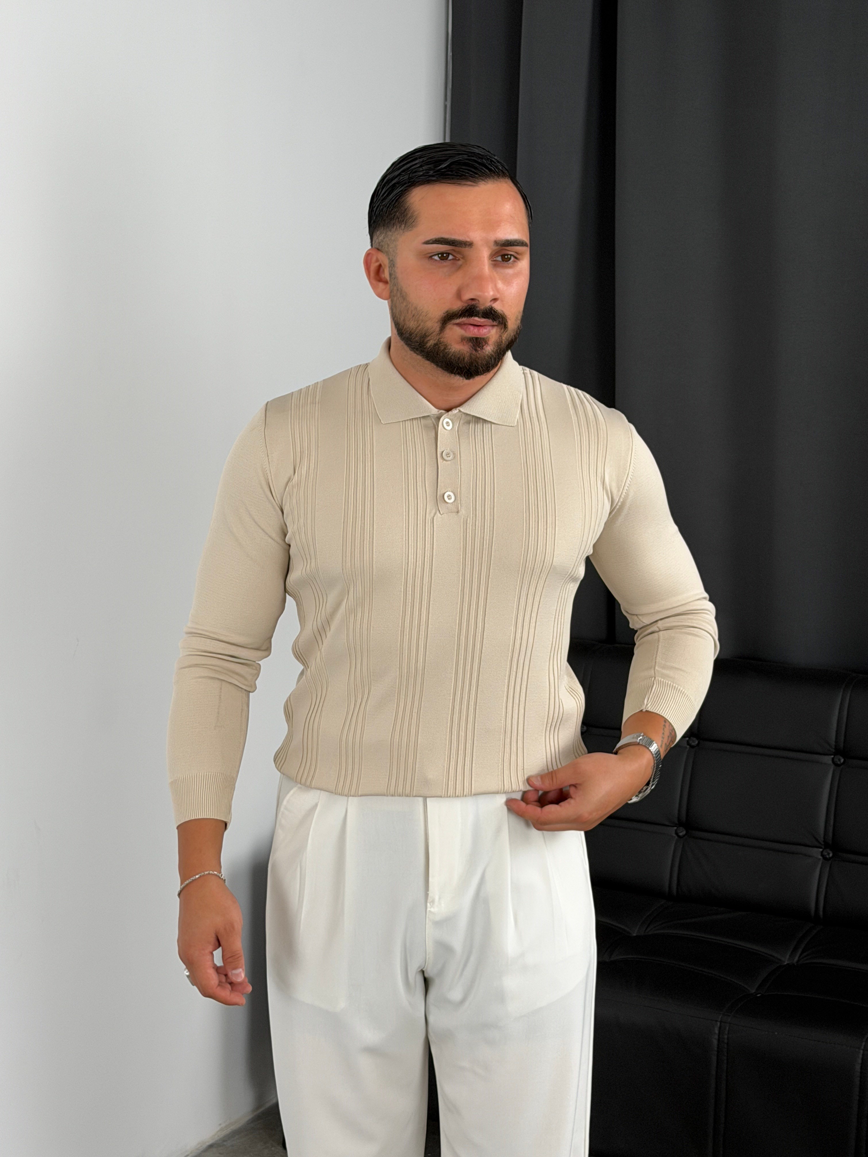 Düğmeli Polo Yaka Şeritli Triko Sweatshirt Bej