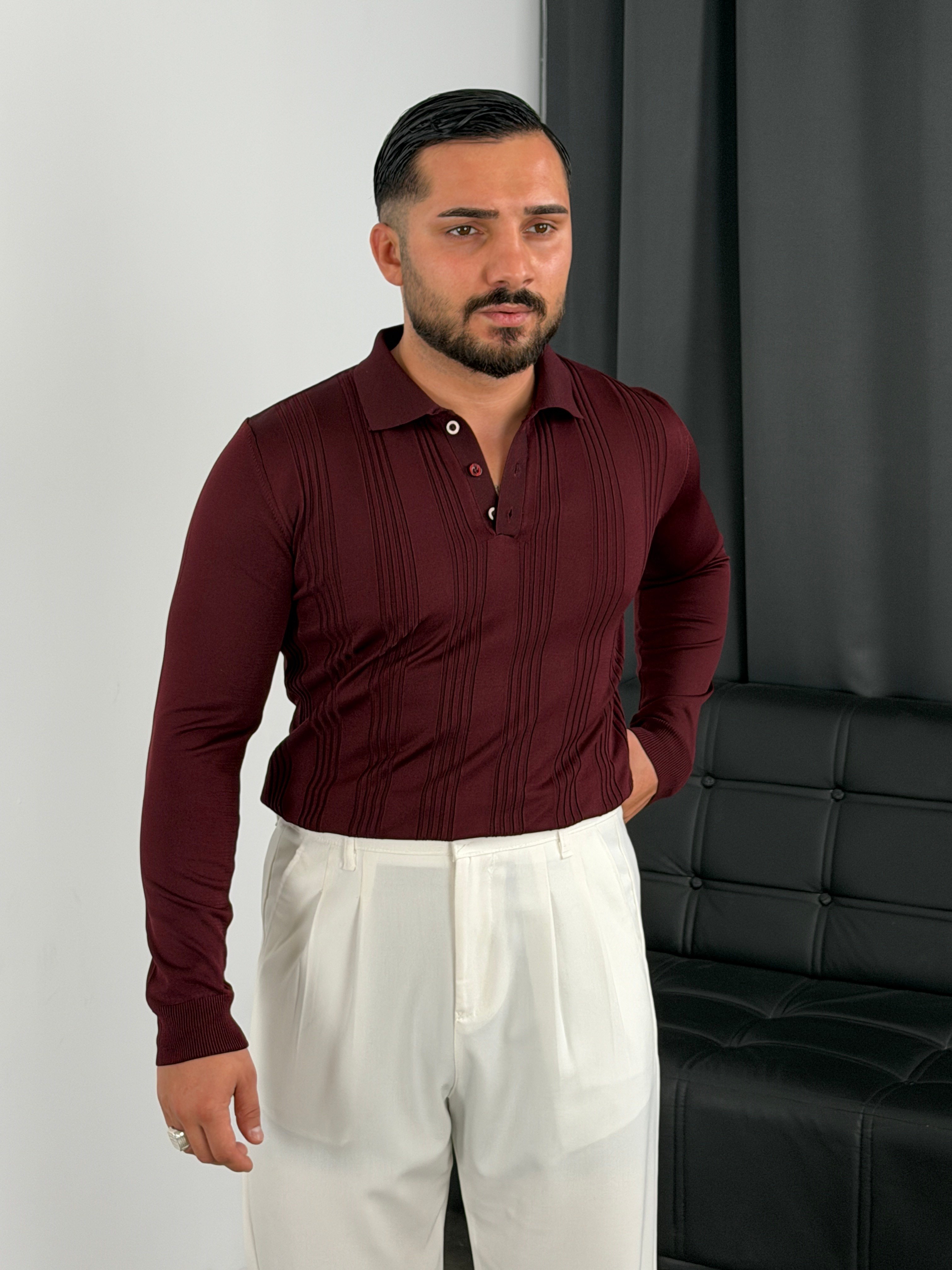 Düğmeli Polo Yaka Şeritli Triko Sweatshirt Bordo