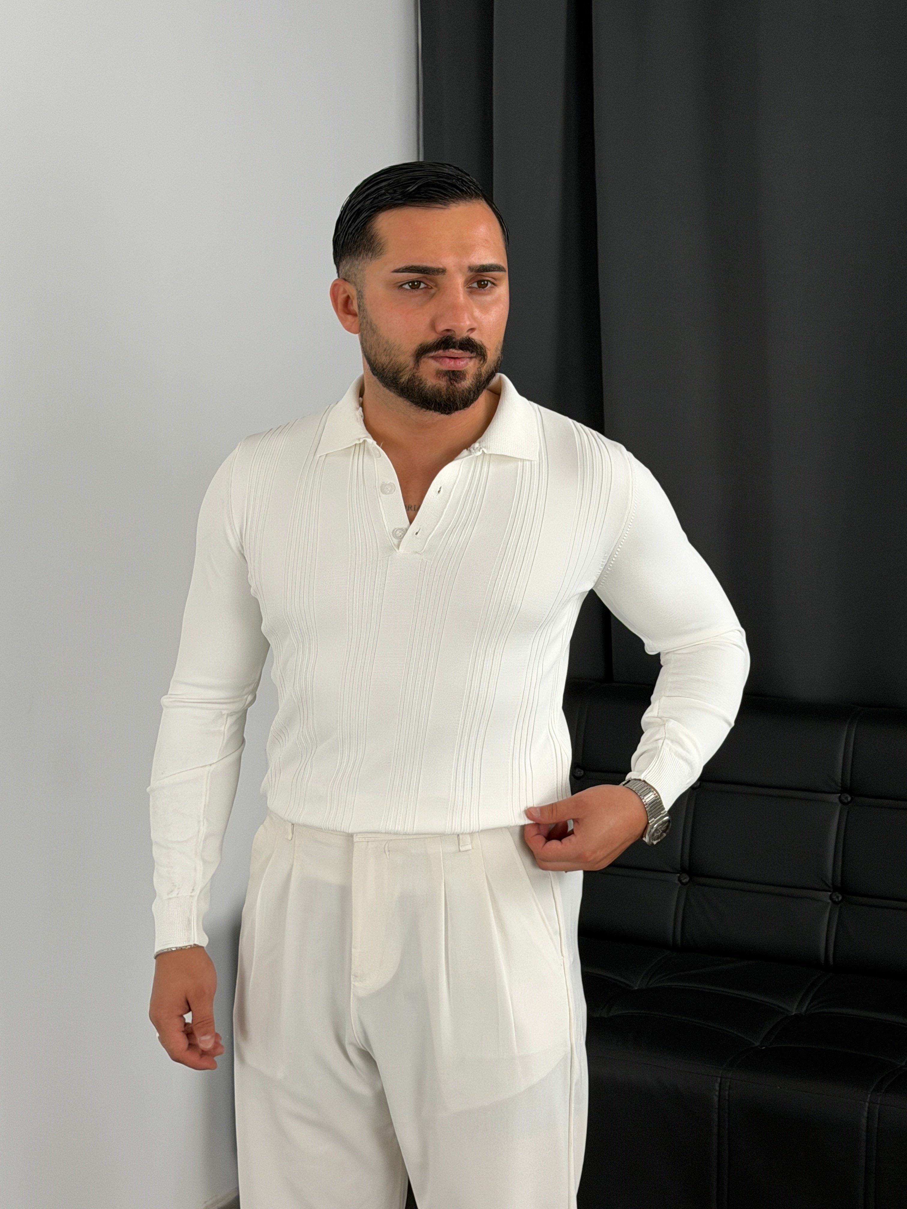 Düğmeli Polo Yaka Şeritli Triko Sweatshirt Beyaz