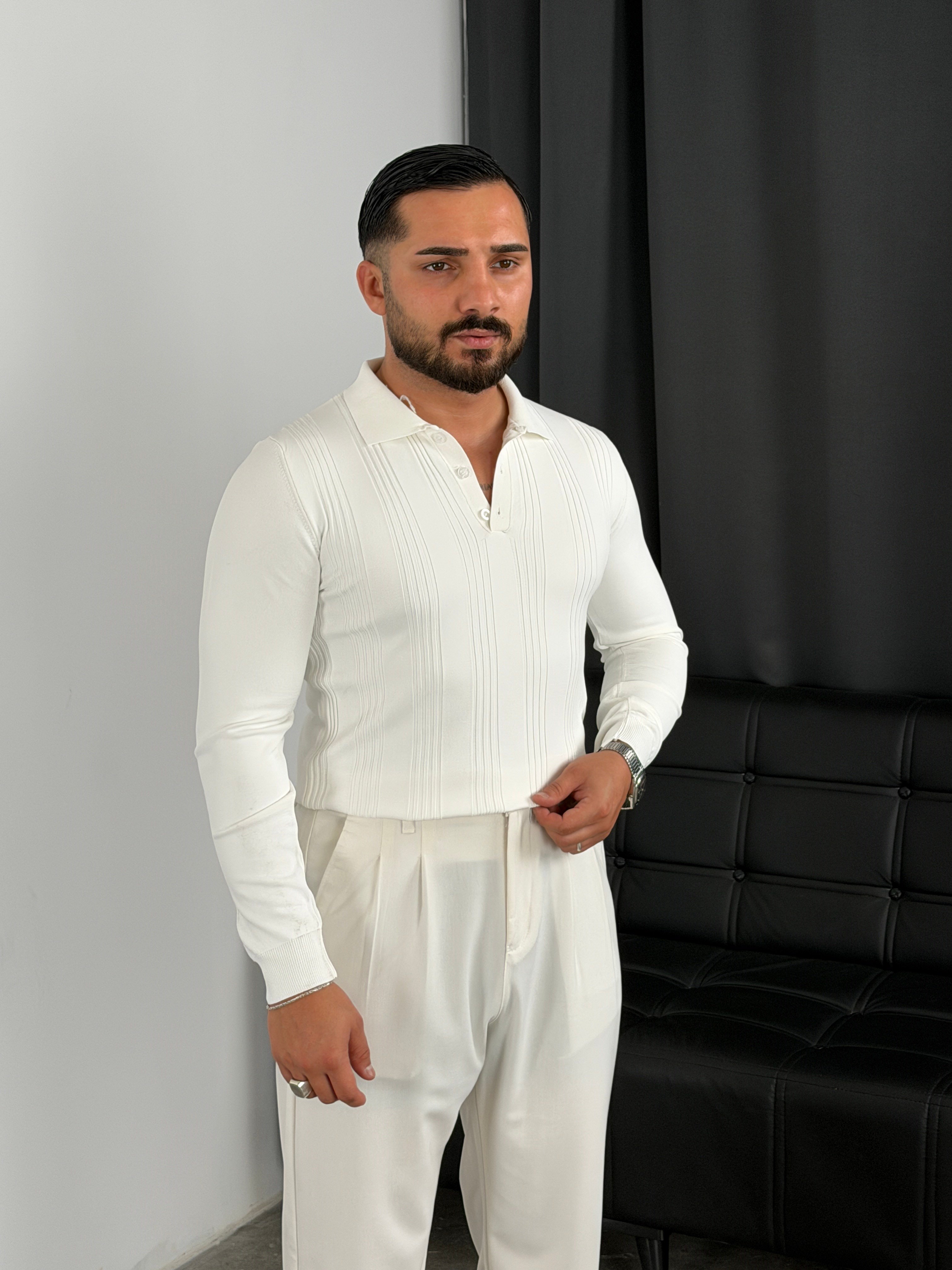 Düğmeli Polo Yaka Şeritli Triko Sweatshirt Beyaz