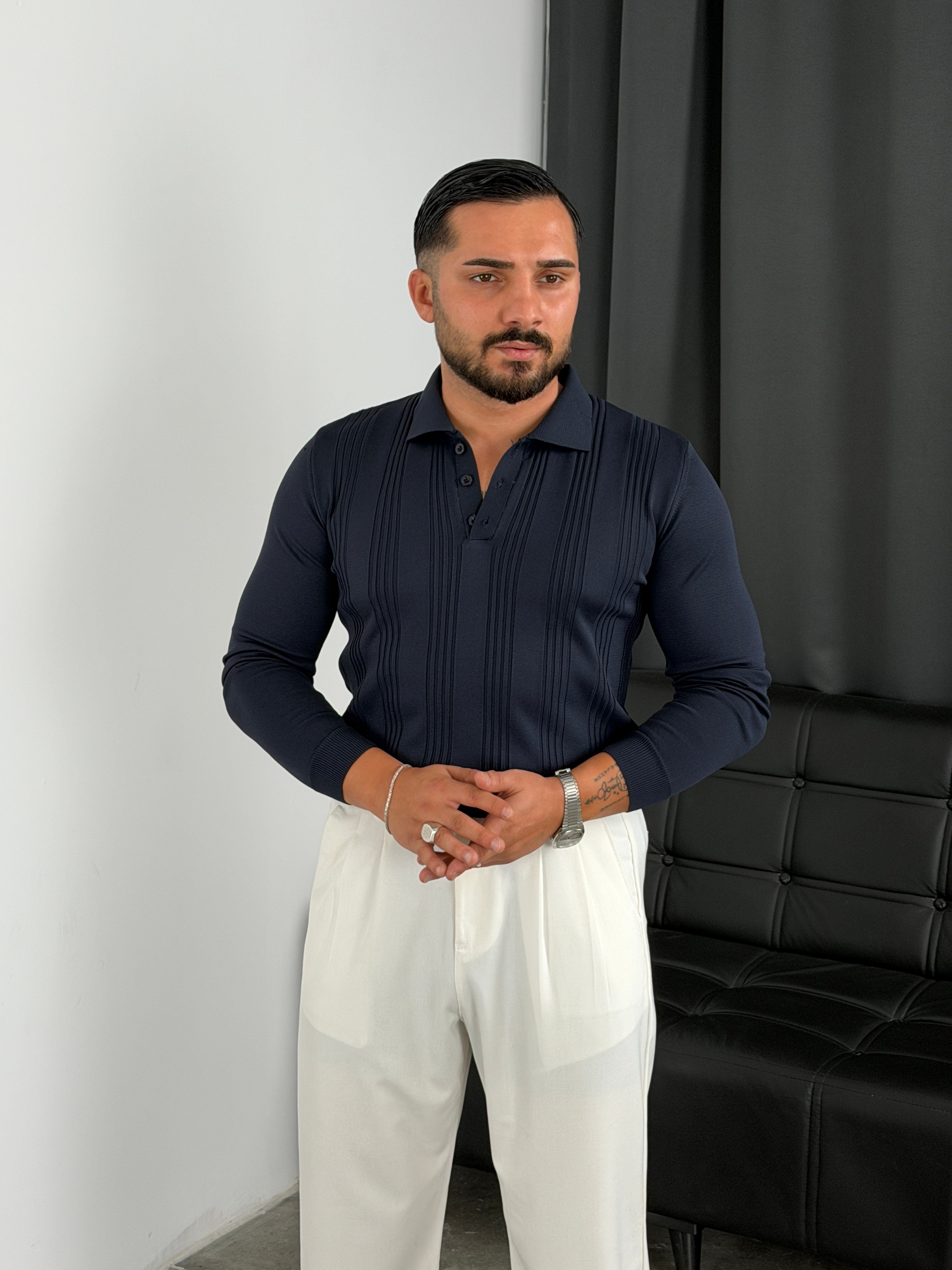 Düğmeli Polo Yaka Şeritli Triko Sweatshirt Lacivert