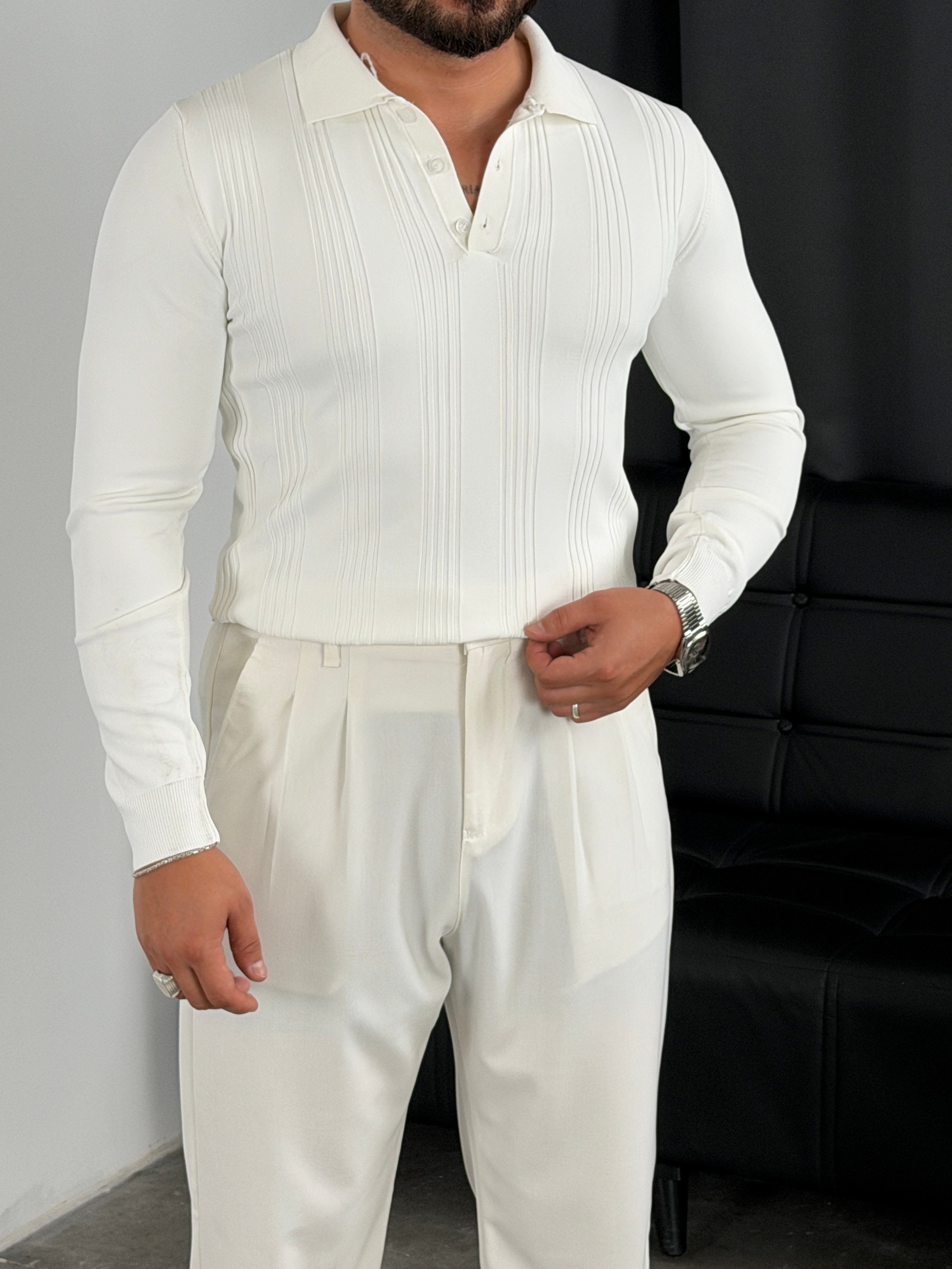 Düğmeli Polo Yaka Şeritli Triko Sweatshirt Beyaz