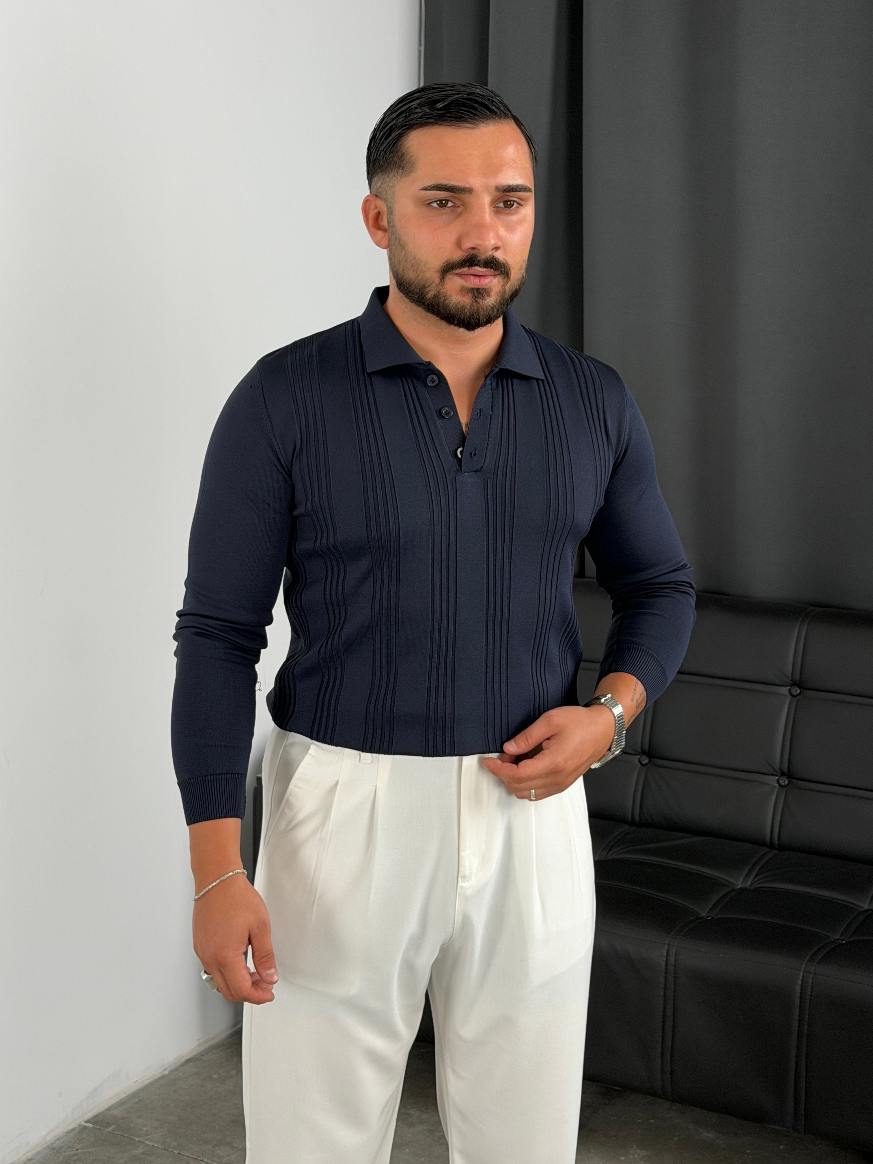 Düğmeli Polo Yaka Şeritli Triko Sweatshirt Lacivert