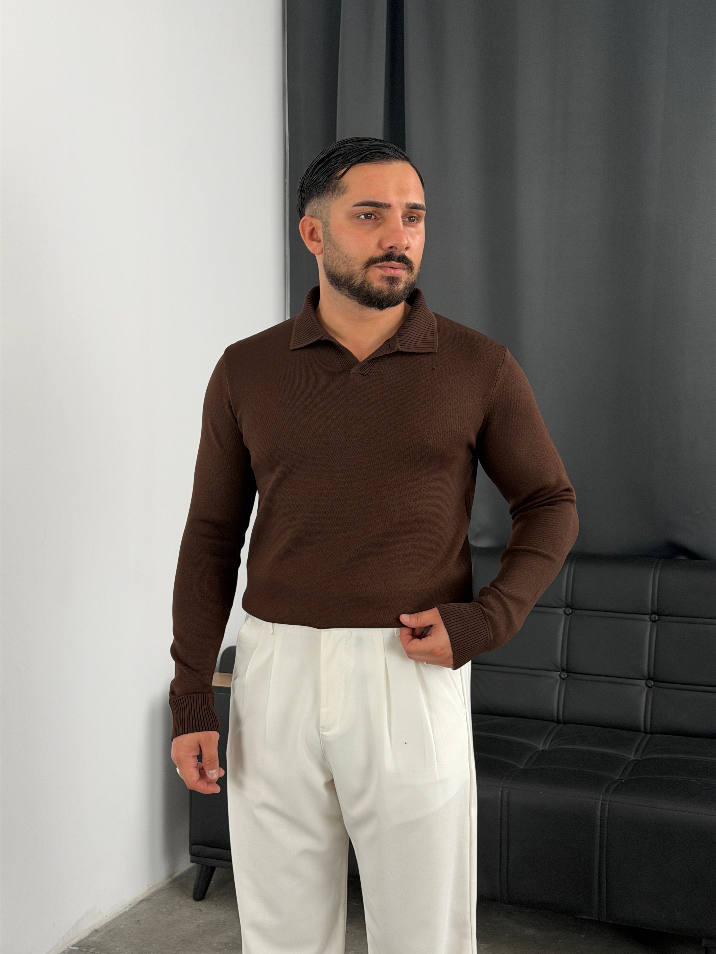 Elmas %100 Triko Polo Yaka Sweatshirt Acı Kahve