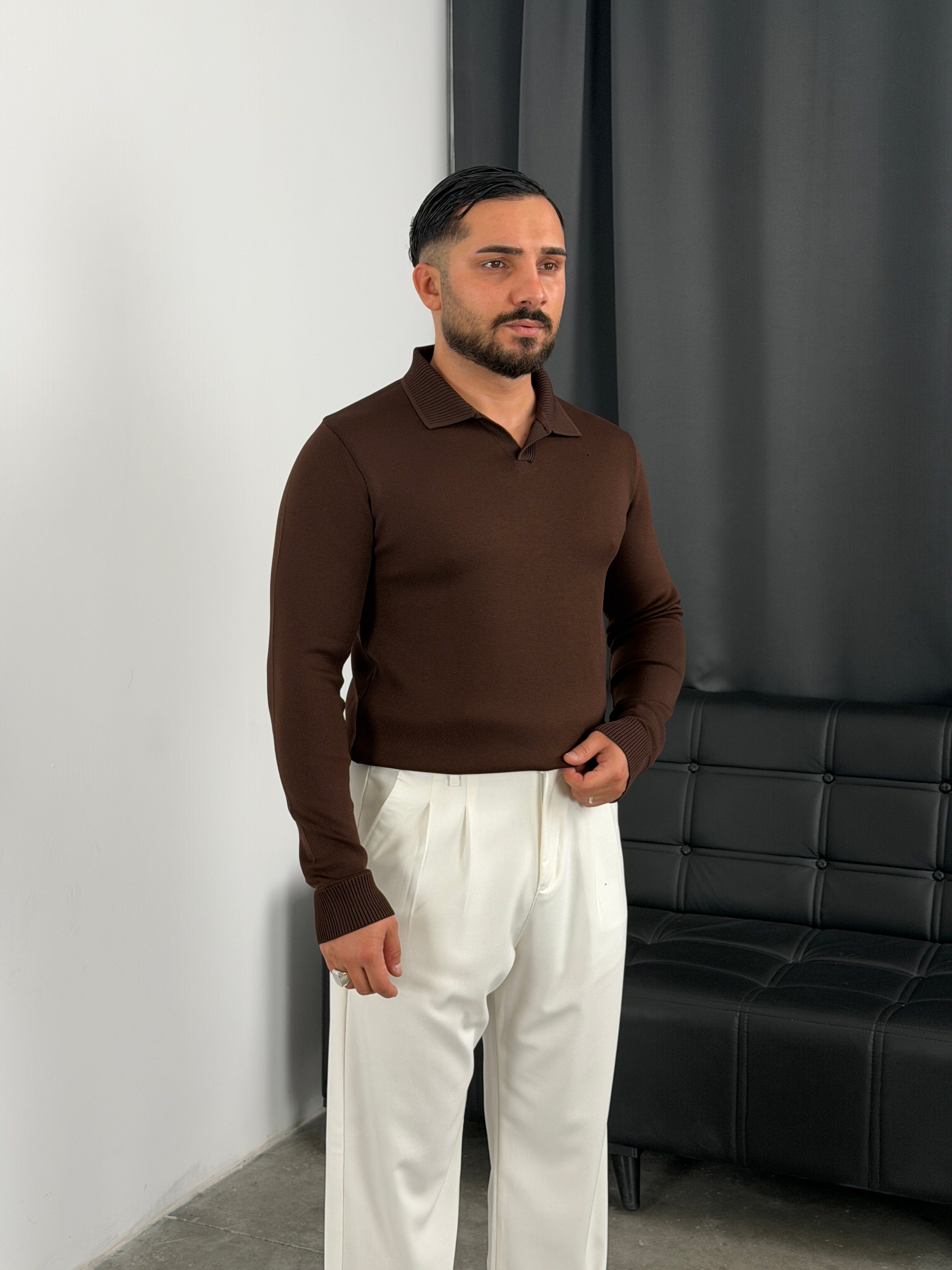 Elmas %100 Triko Polo Yaka Sweatshirt Acı Kahve