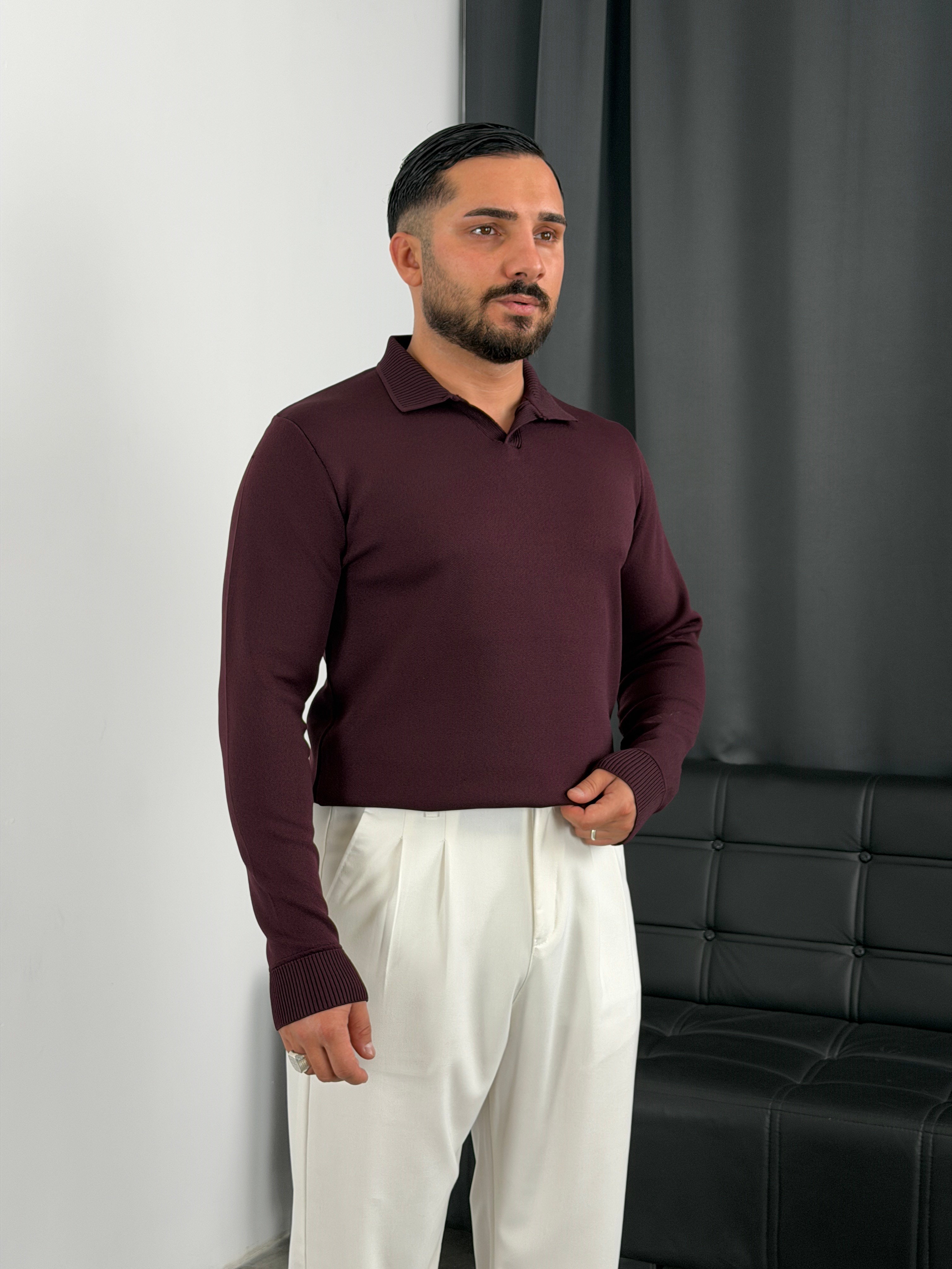 Elmas %100 Triko Polo Yaka Sweatshirt Bordo