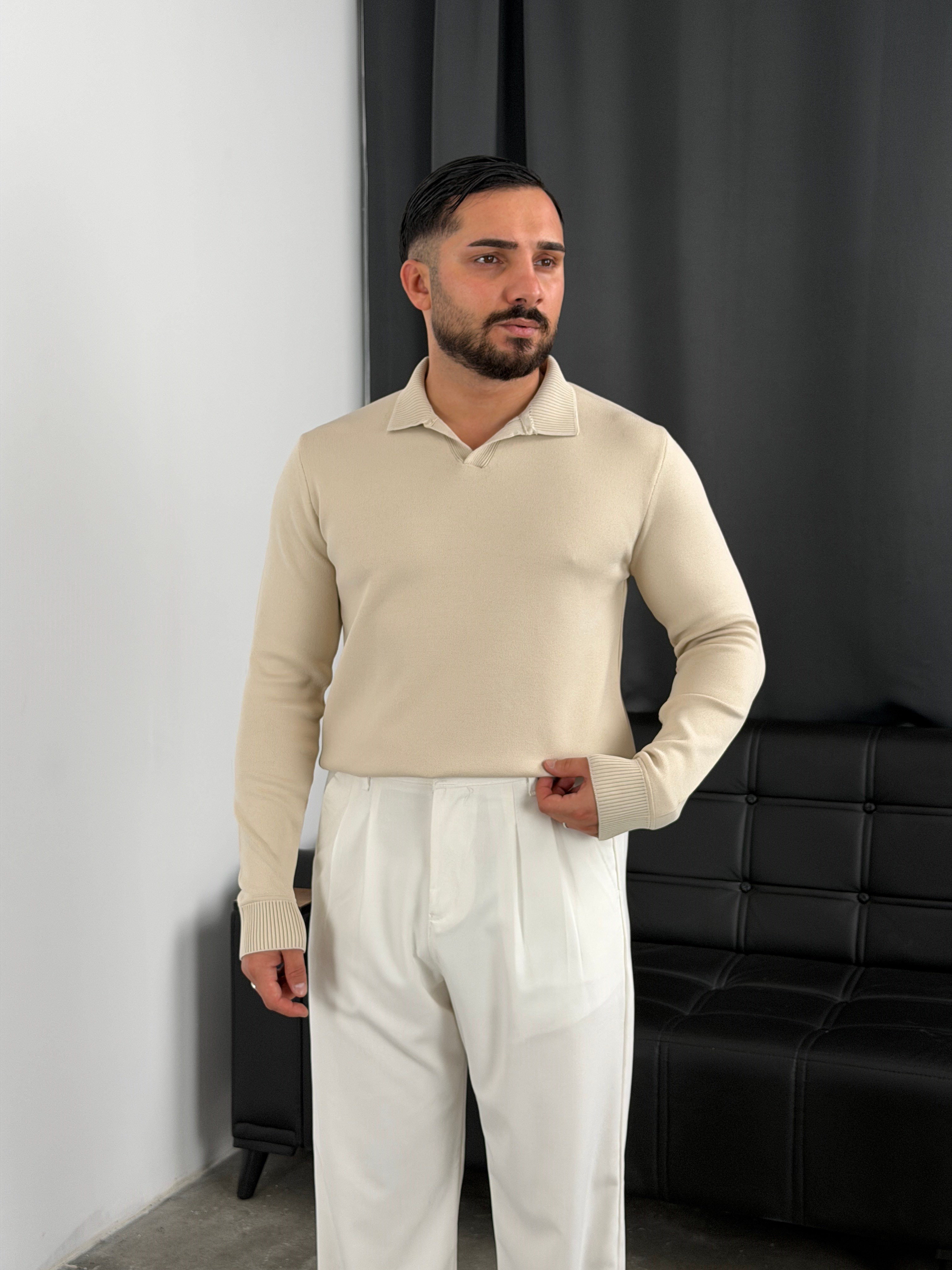 Elmas %100 Triko Polo Yaka Sweatshirt Bej