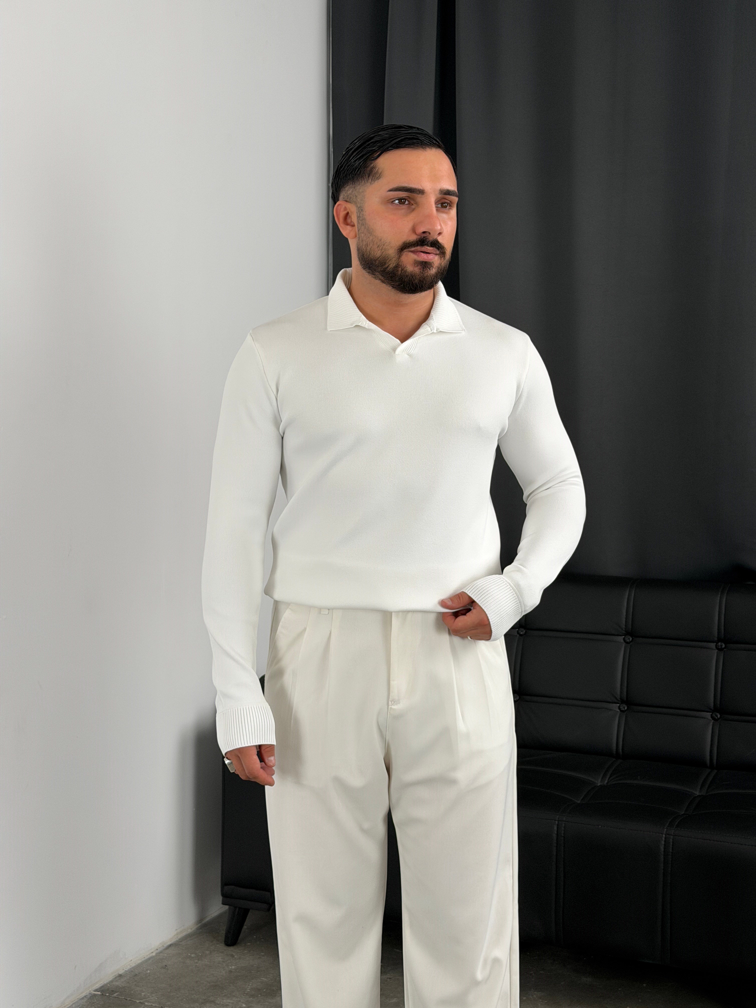 Elmas %100 Triko Polo Yaka Sweatshirt Beyaz