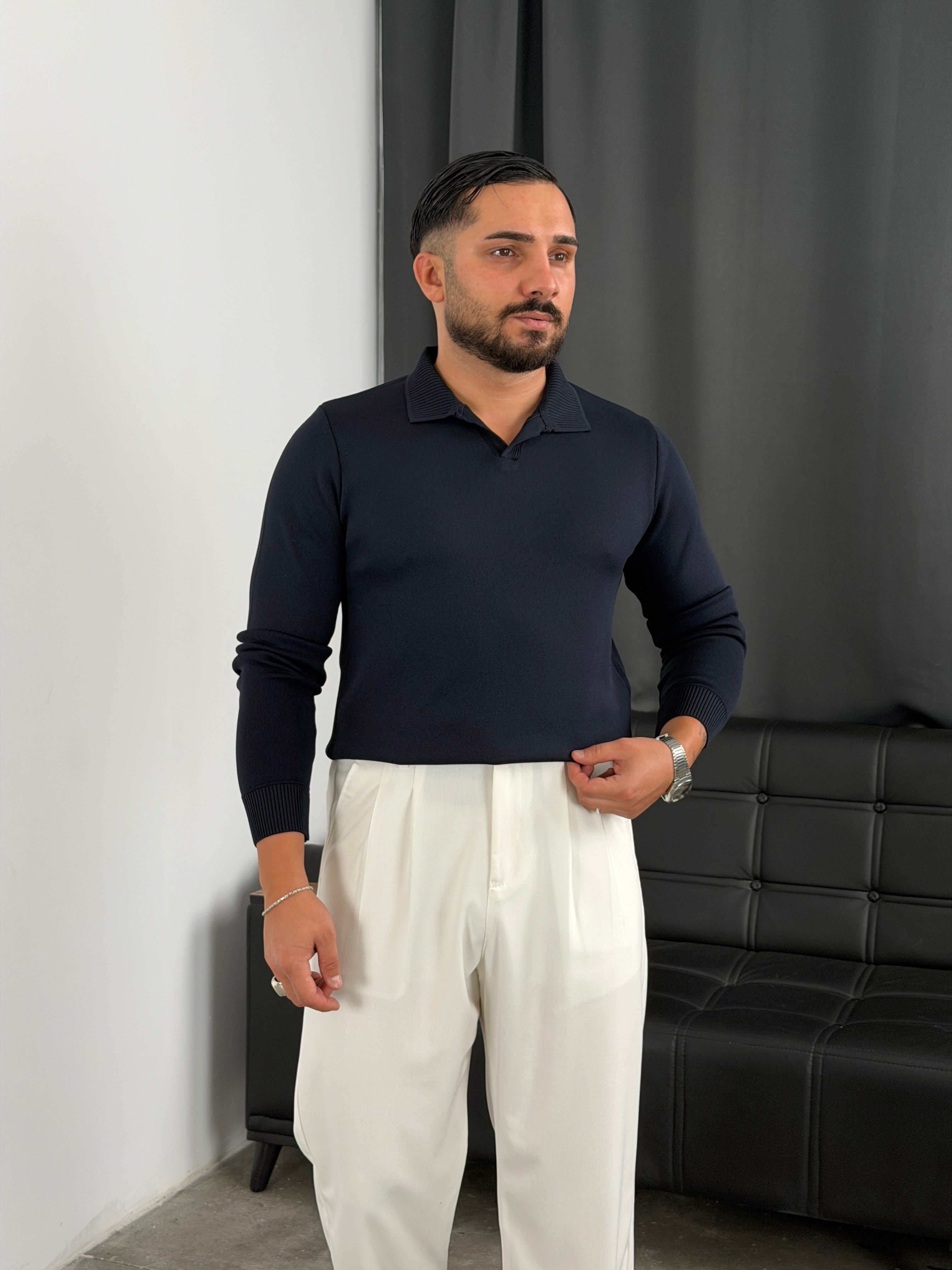 Elmas %100 Triko Polo Yaka Sweatshirt Lacivert