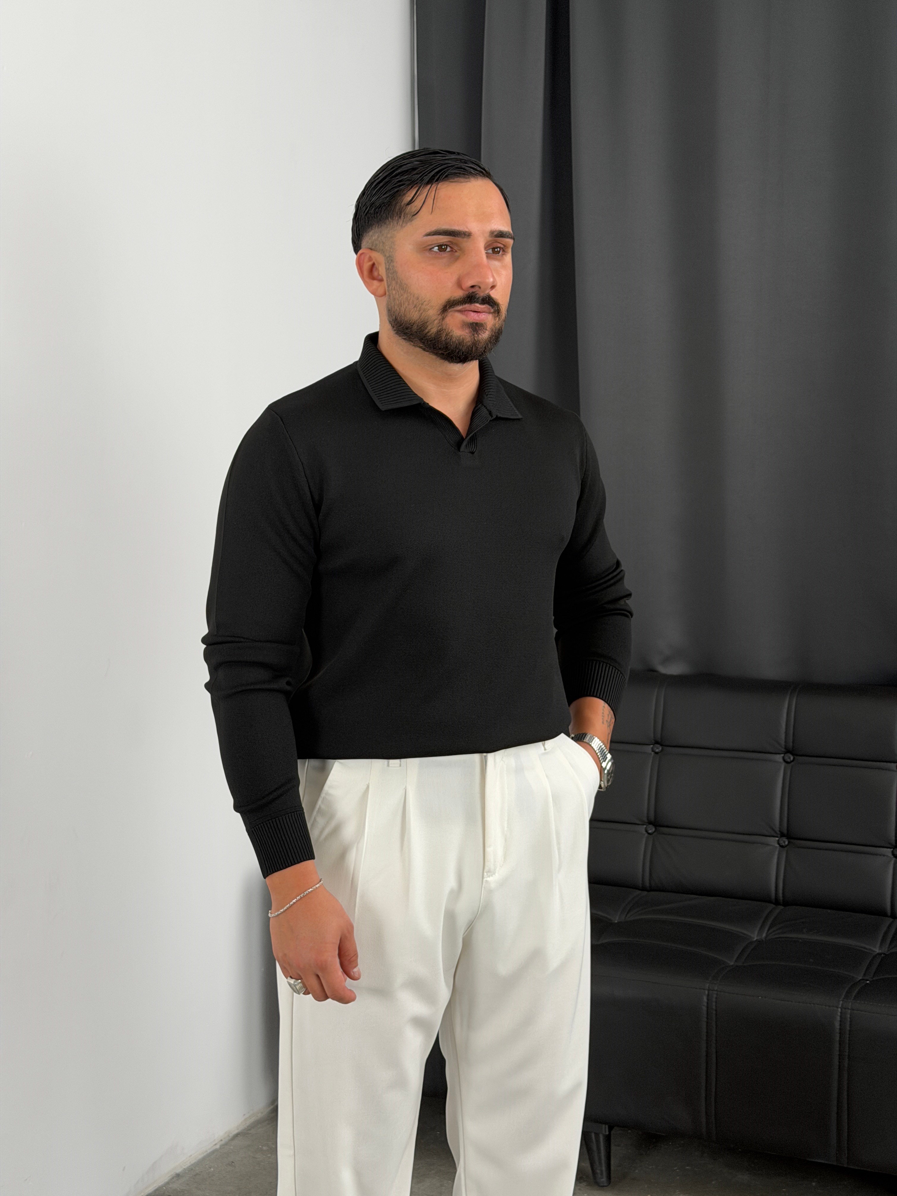 Elmas %100 Triko Polo Yaka Sweatshirt Siyah
