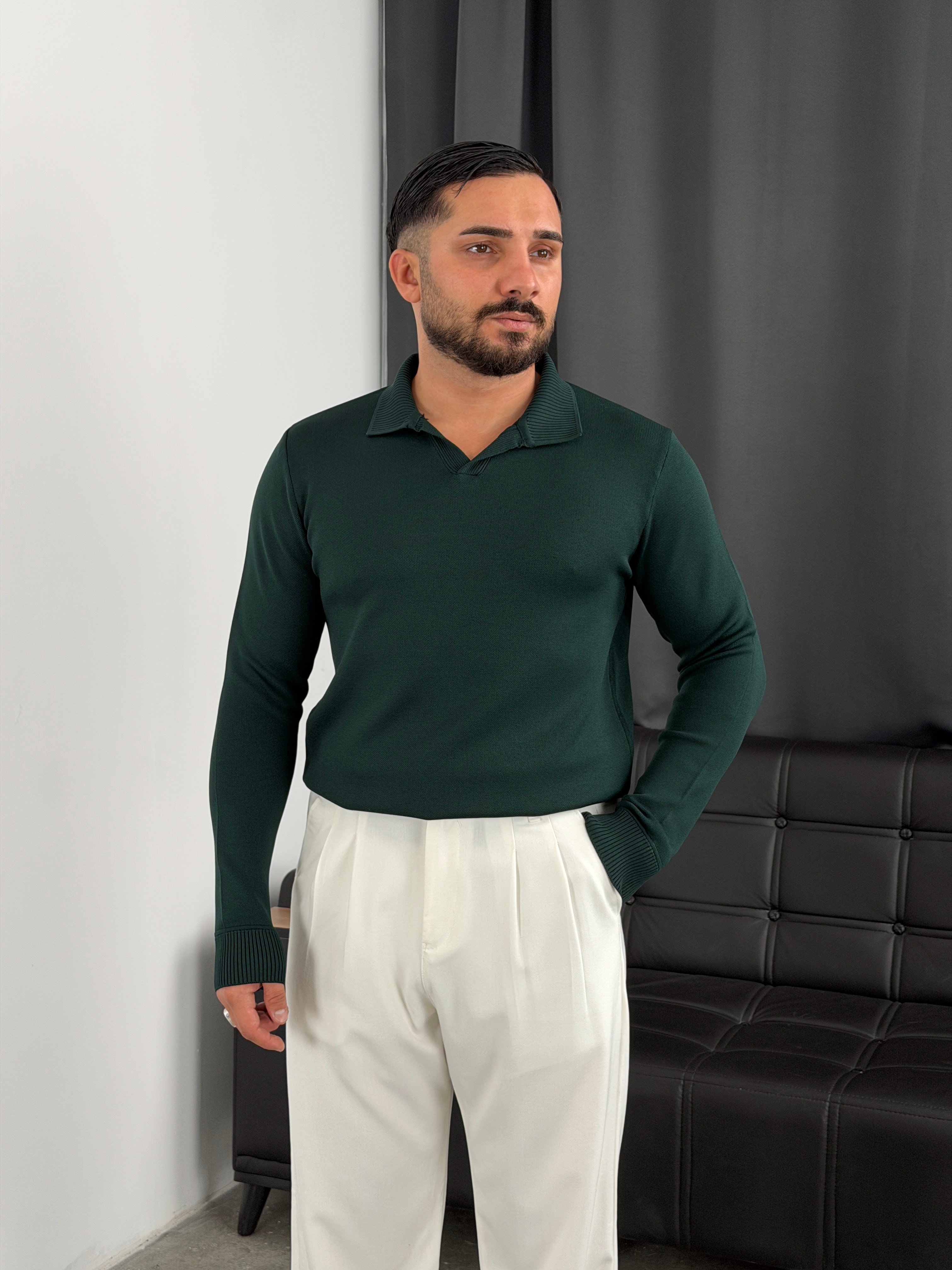 Elmas %100 Triko Polo Yaka Sweatshirt Zümrüt Yeşili