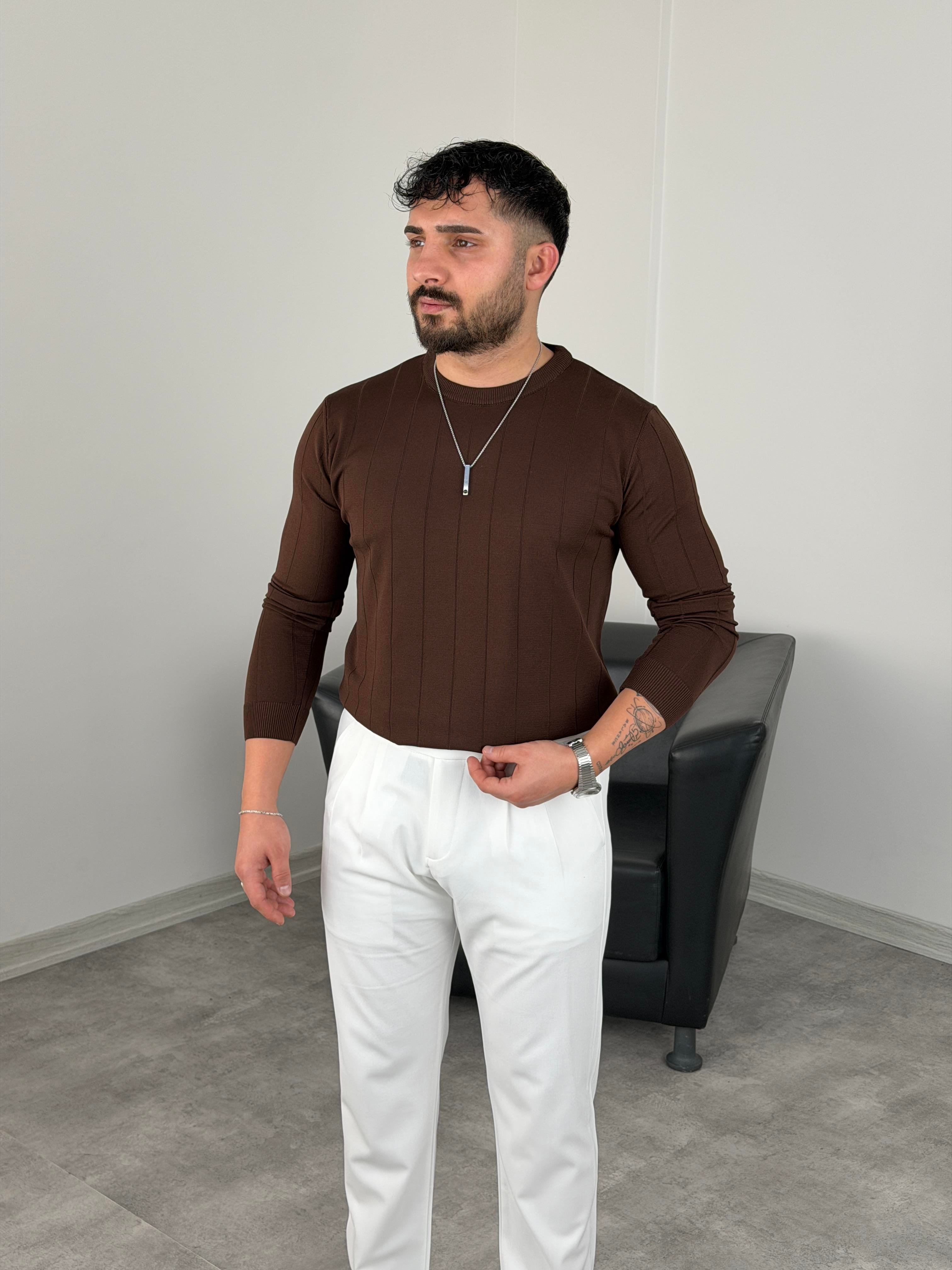 ELMAS KUMAŞ ÇİZGİLİ TRİKO SWEATSHİRT ACI KAHVE