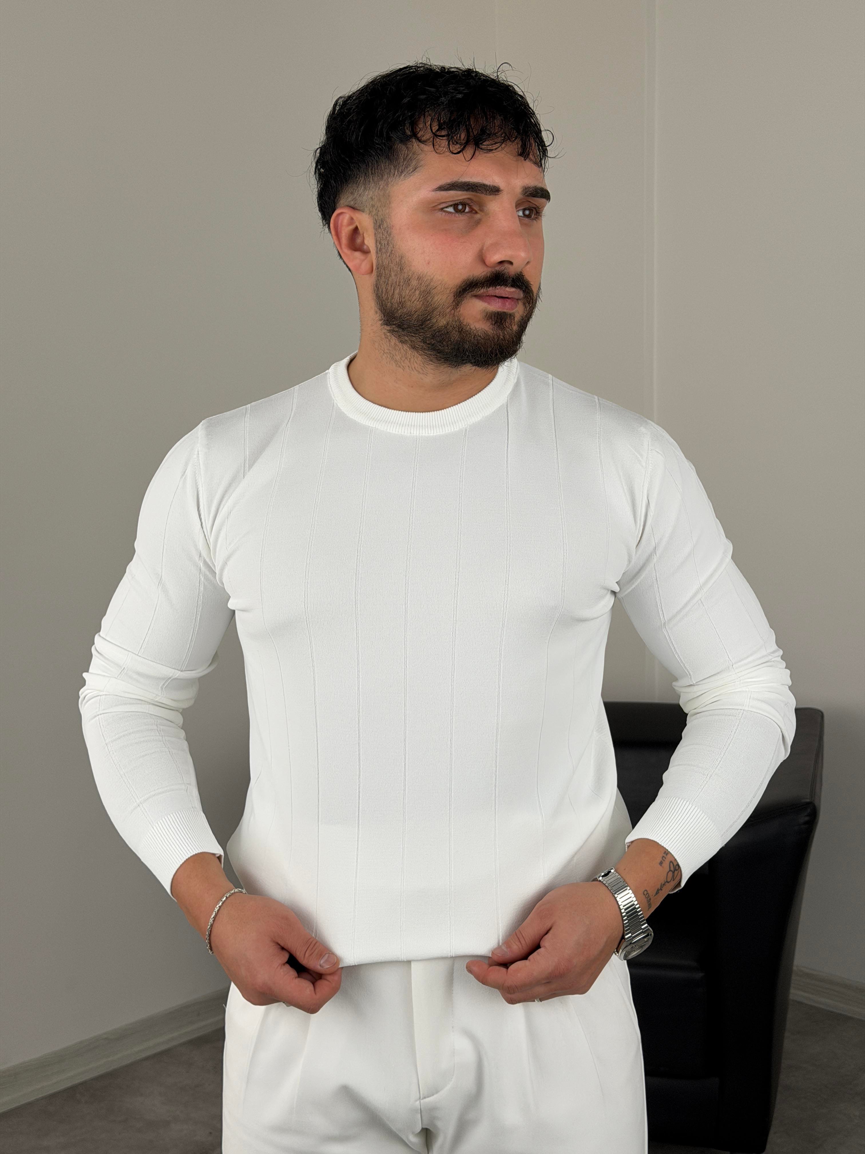 ELMAS KUMAŞ ÇİZGİLİ TRİKO SWEATSHİRT BEYAZ