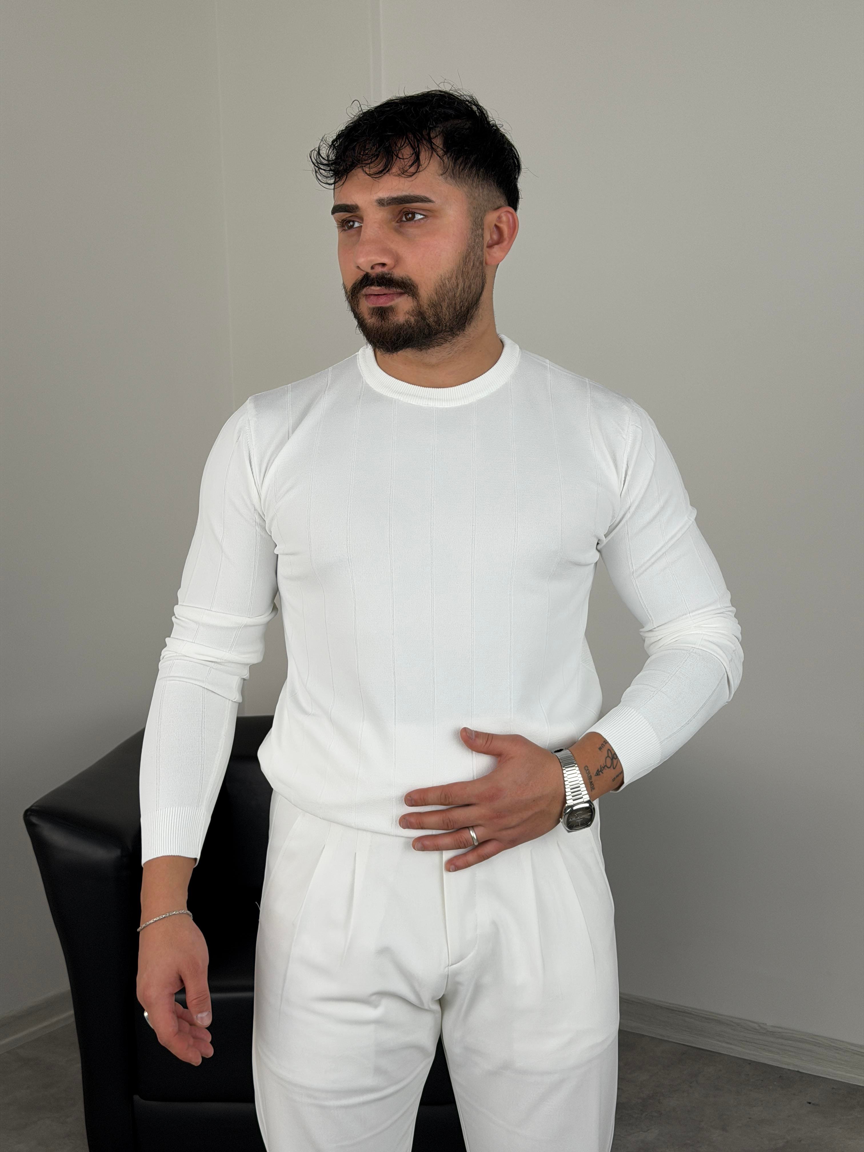 ELMAS KUMAŞ ÇİZGİLİ TRİKO SWEATSHİRT BEYAZ
