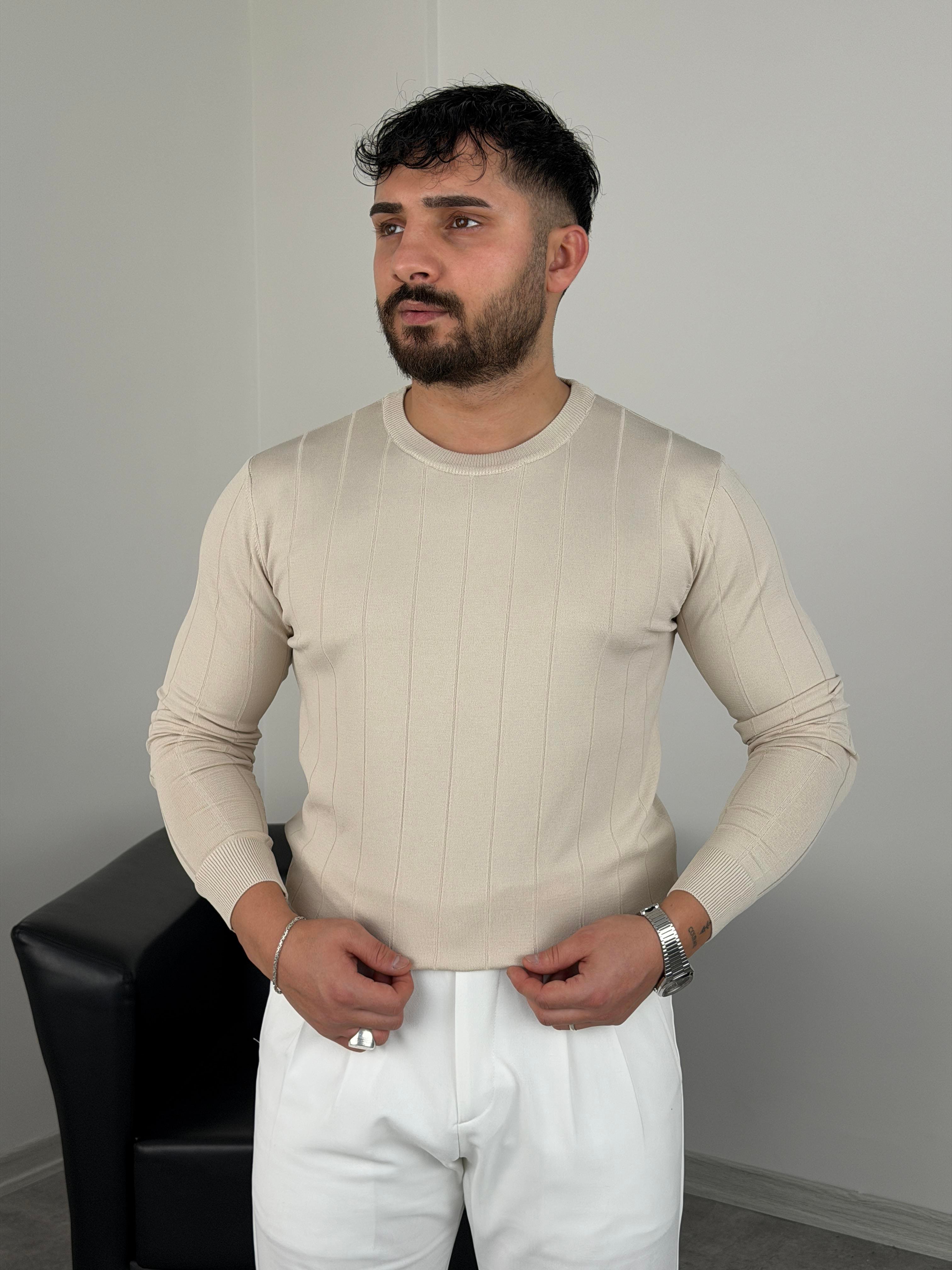 ELMAS KUMAŞ ÇİZGİLİ TRİKO SWEATSHİRT BEJ