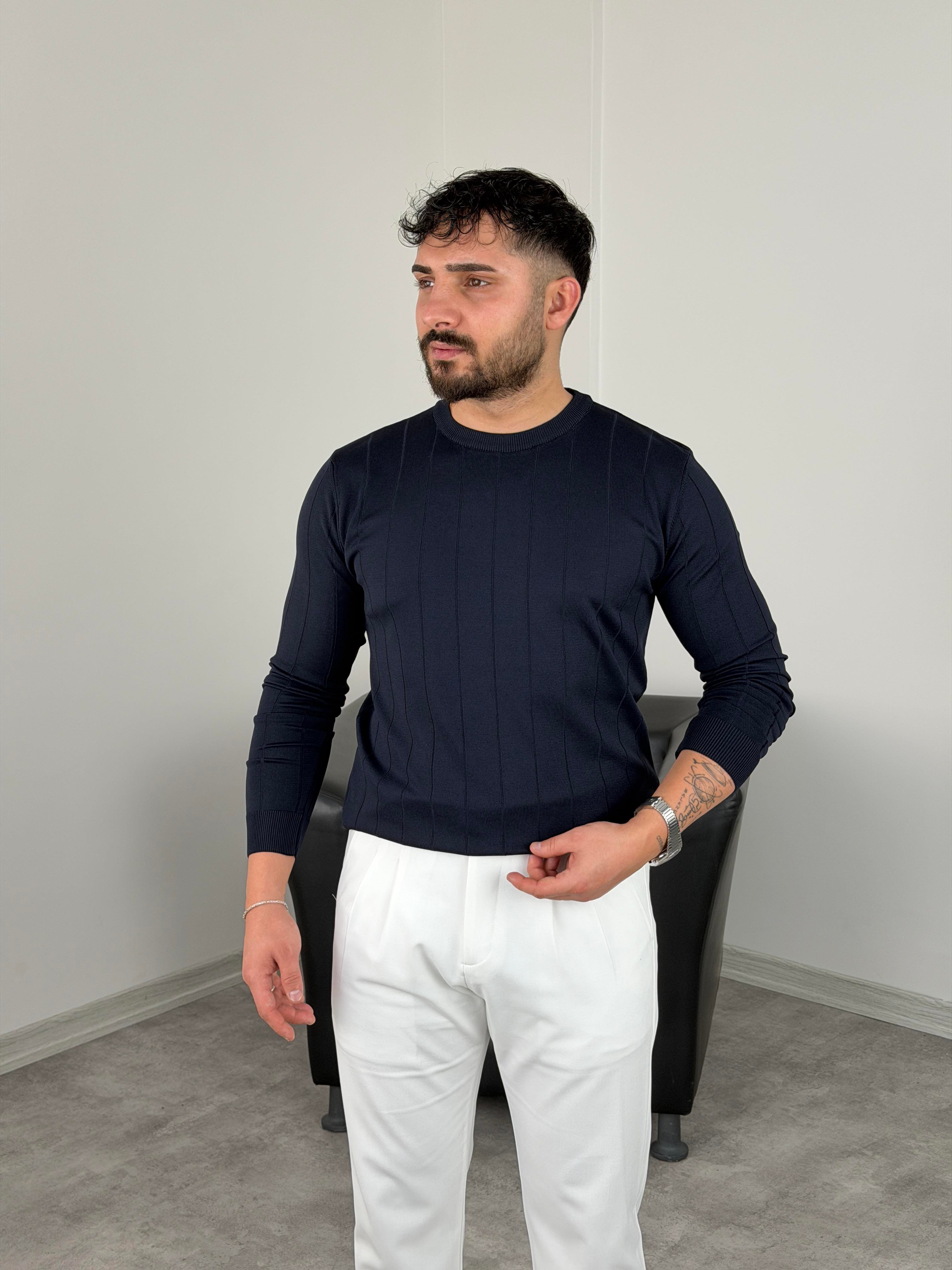 ELMAS KUMAŞ ÇİZGİLİ TRİKO SWEATSHİRT LACİVERT