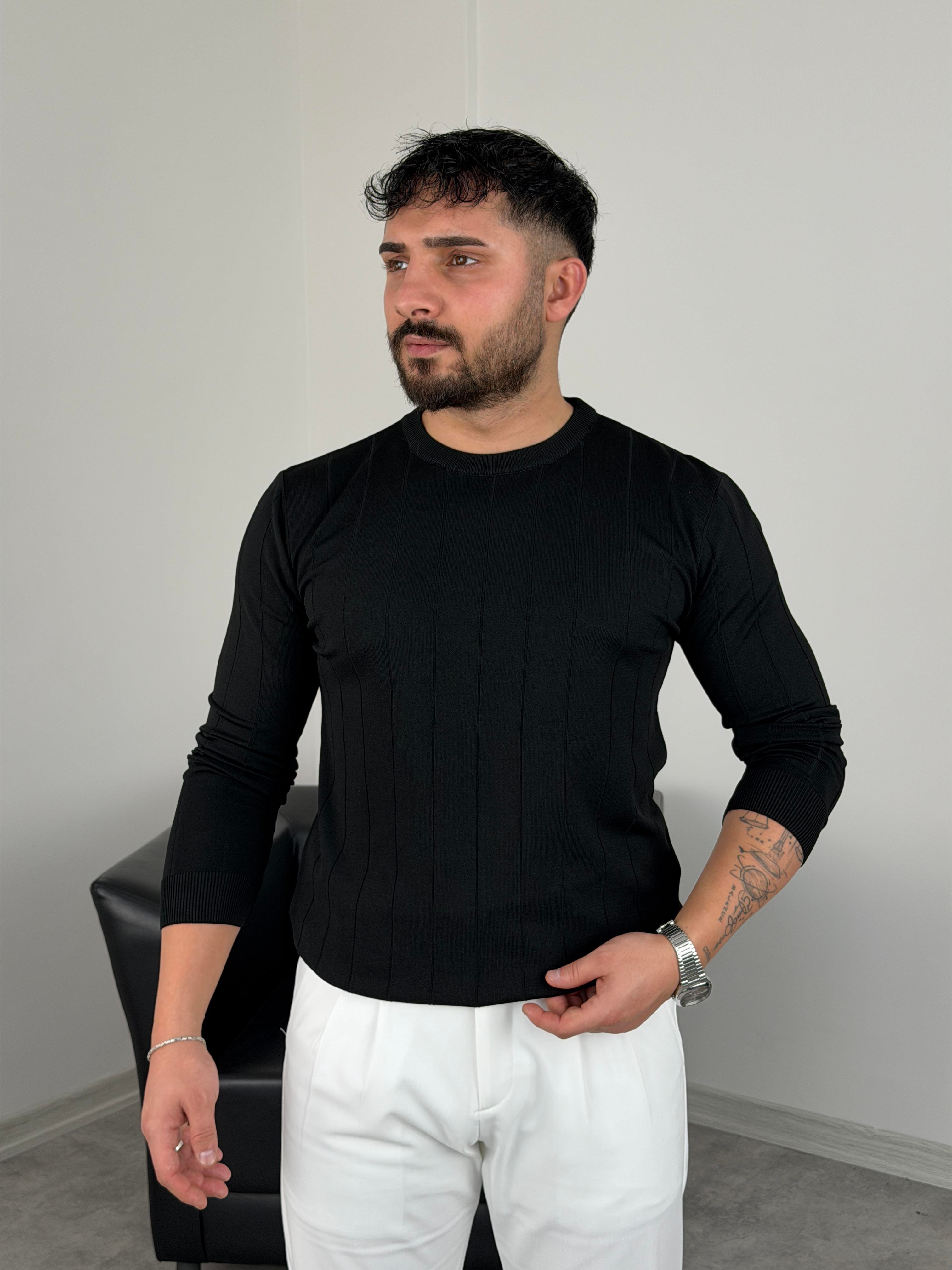 ELMAS KUMAŞ ÇİZGİLİ TRİKO SWEATSHİRT SİYAH