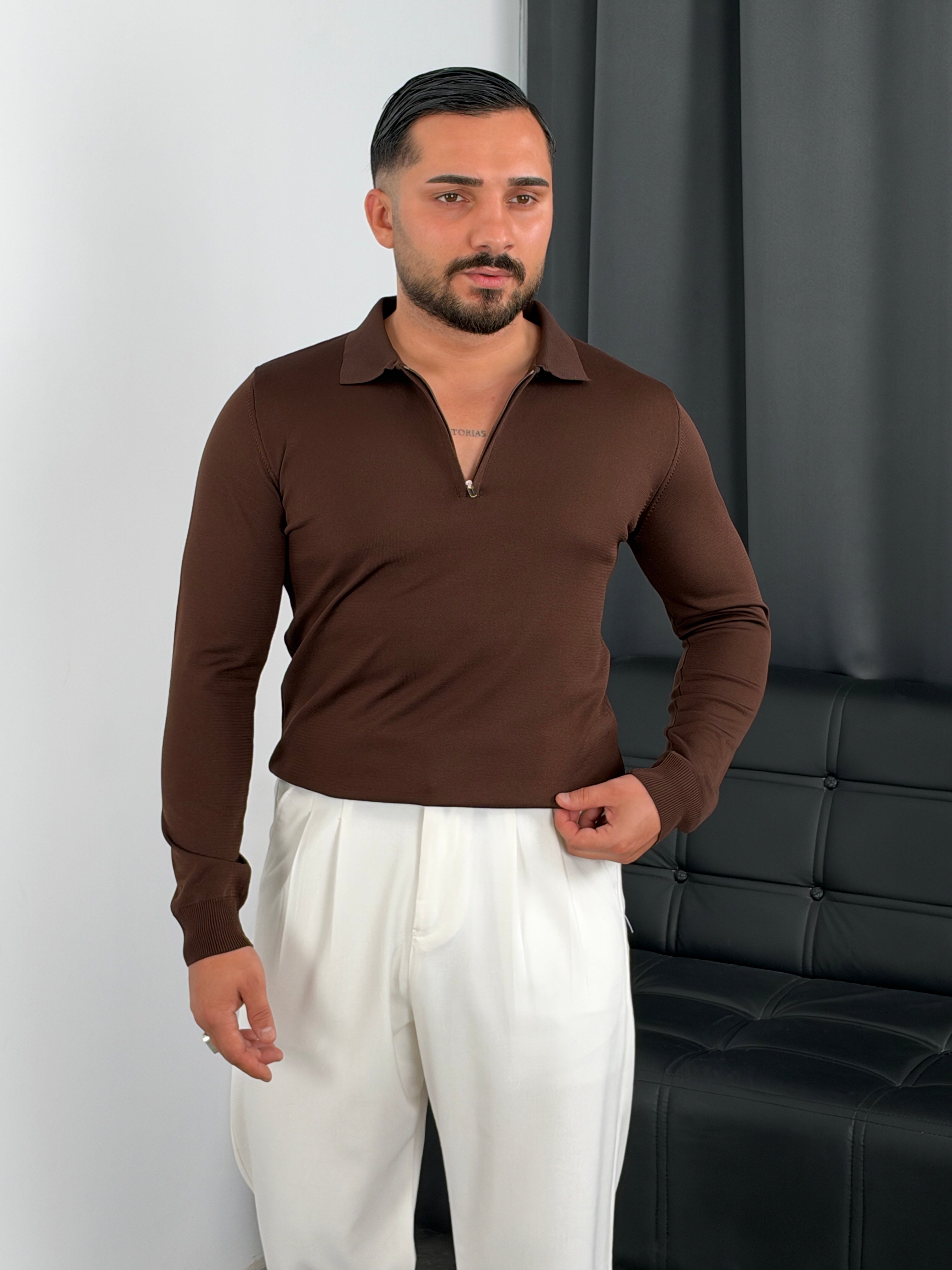 Elmas Triko Yarım Fermuar Polo Yaka Sweatshirt Acı kahve