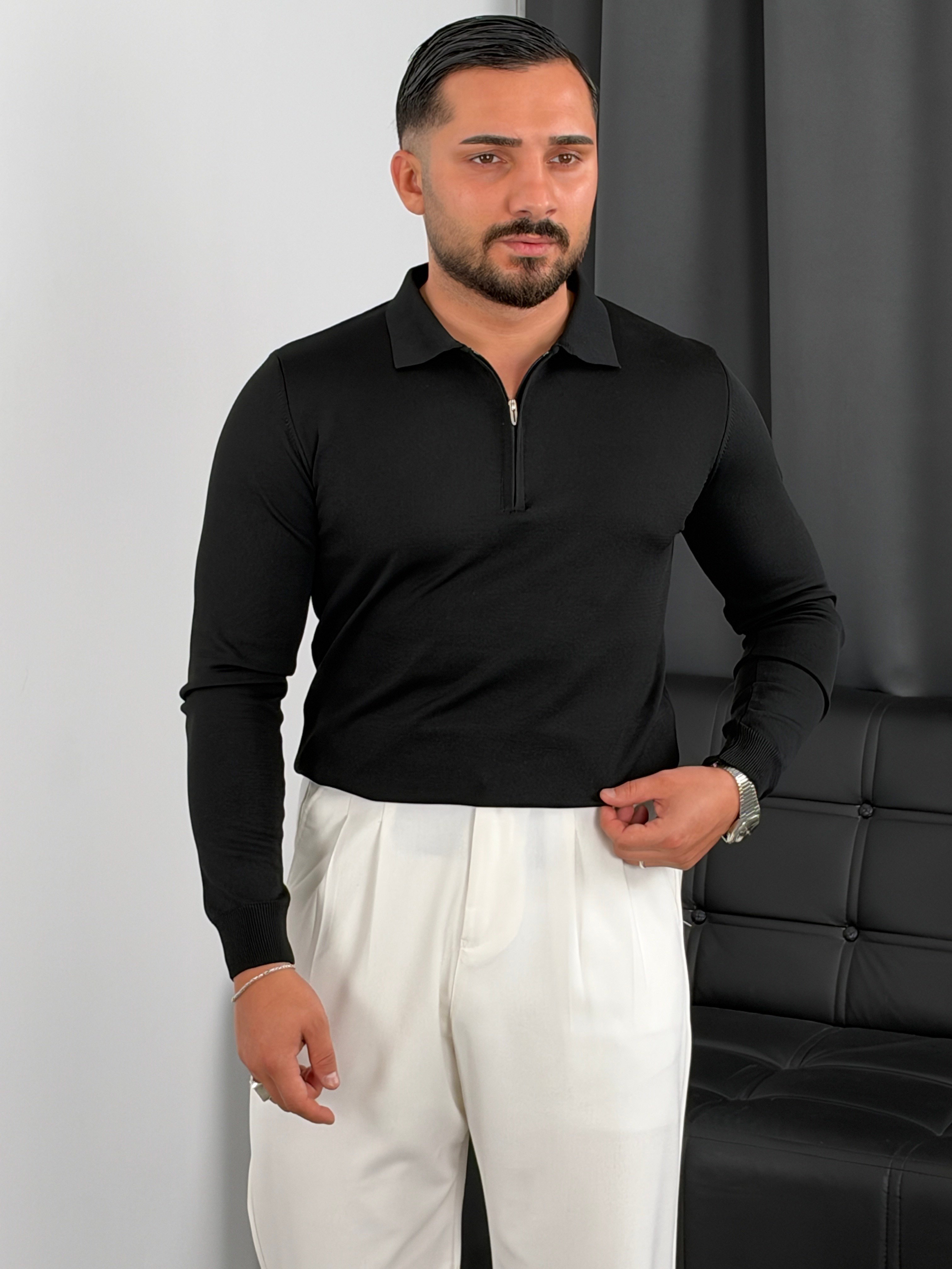 Elmas Triko Yarım Fermuar Polo Yaka Sweatshirt Siyah