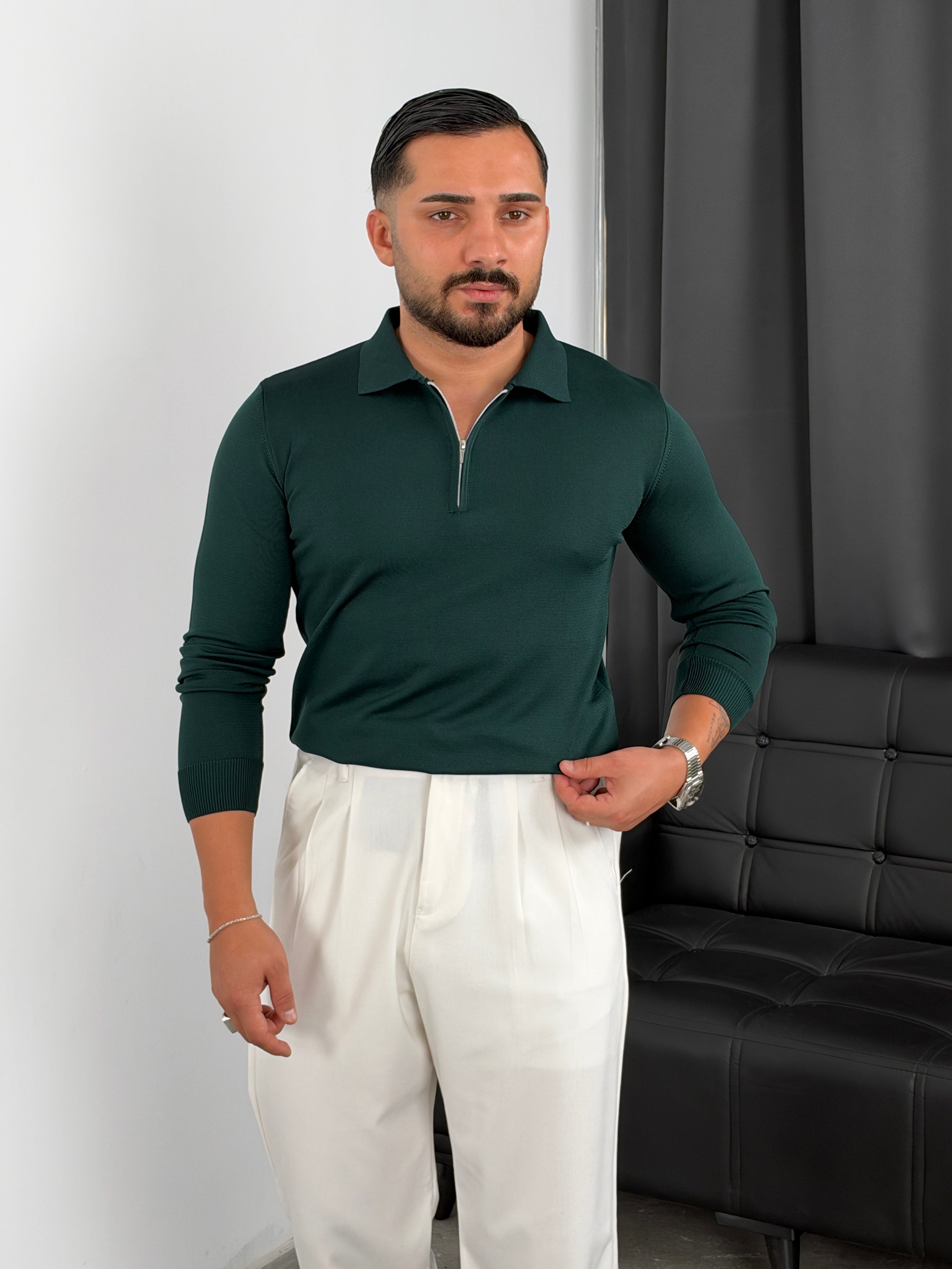 Elmas Triko Yarım Fermuar Polo Yaka Sweatshirt Zümrüt Yeşili