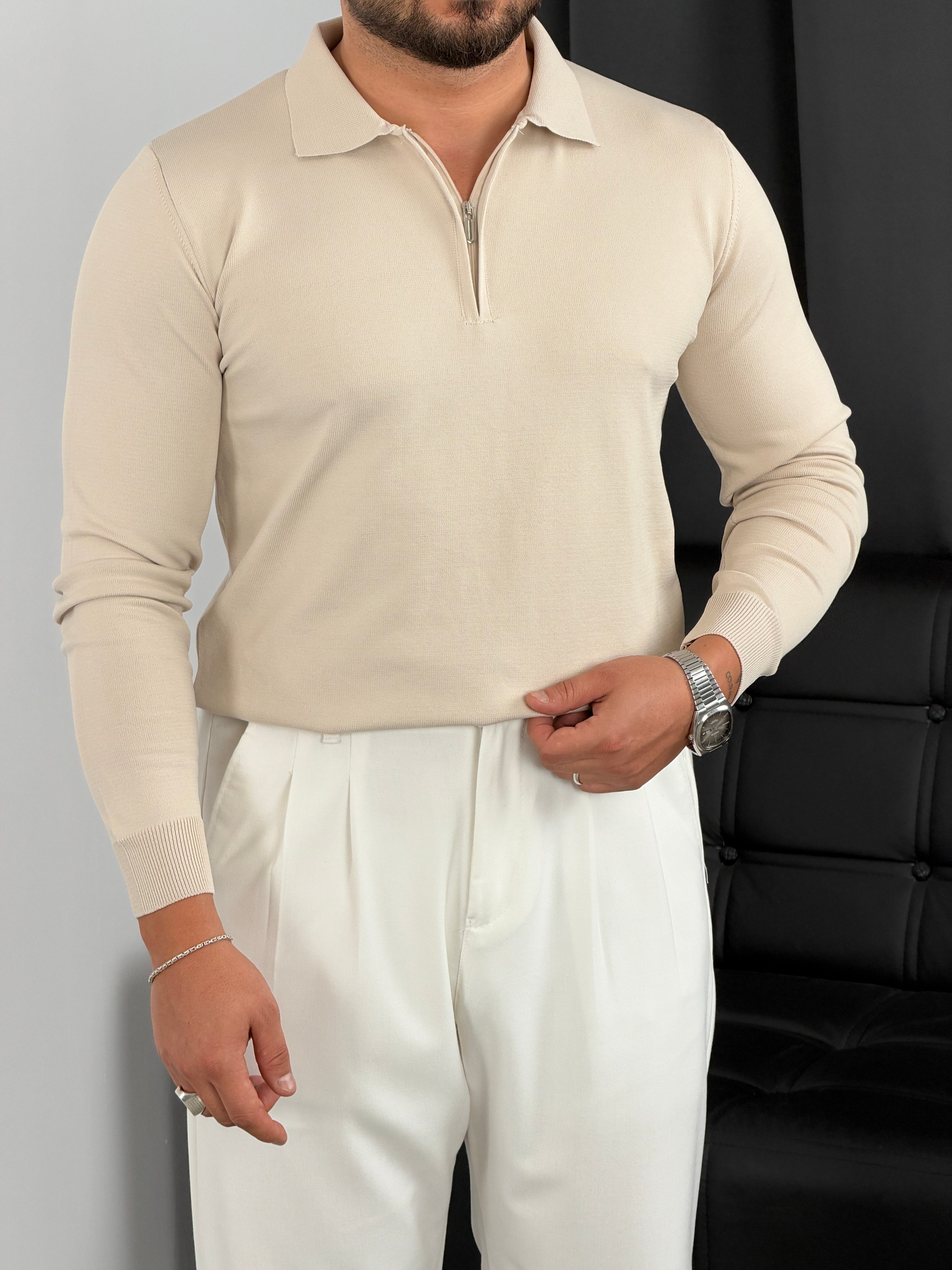 Elmas Triko Yarım Fermuar Polo Yaka Sweatshirt Bej