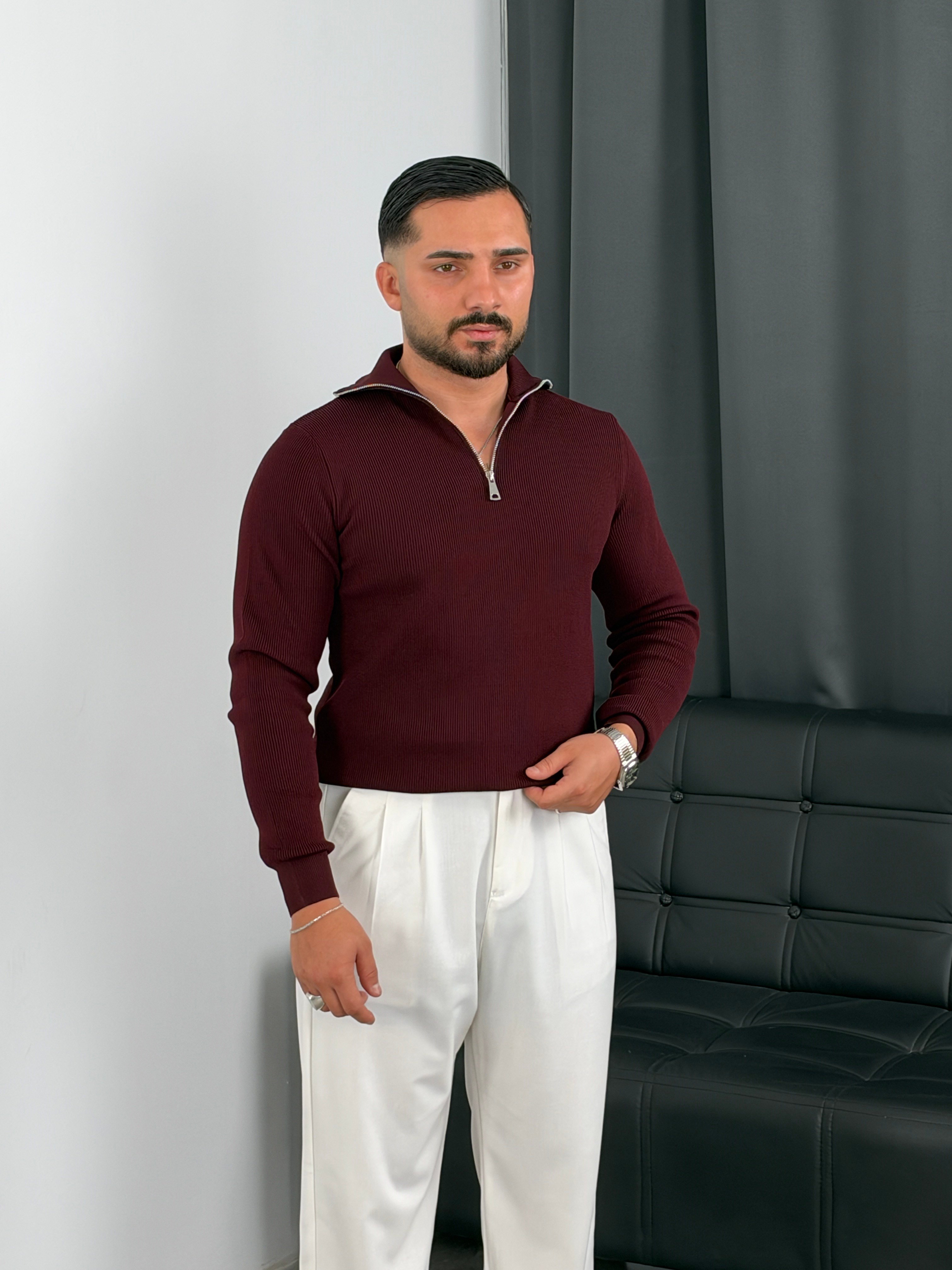 Elmas Triko Yarım Fermuar Sweatshirt Bordo