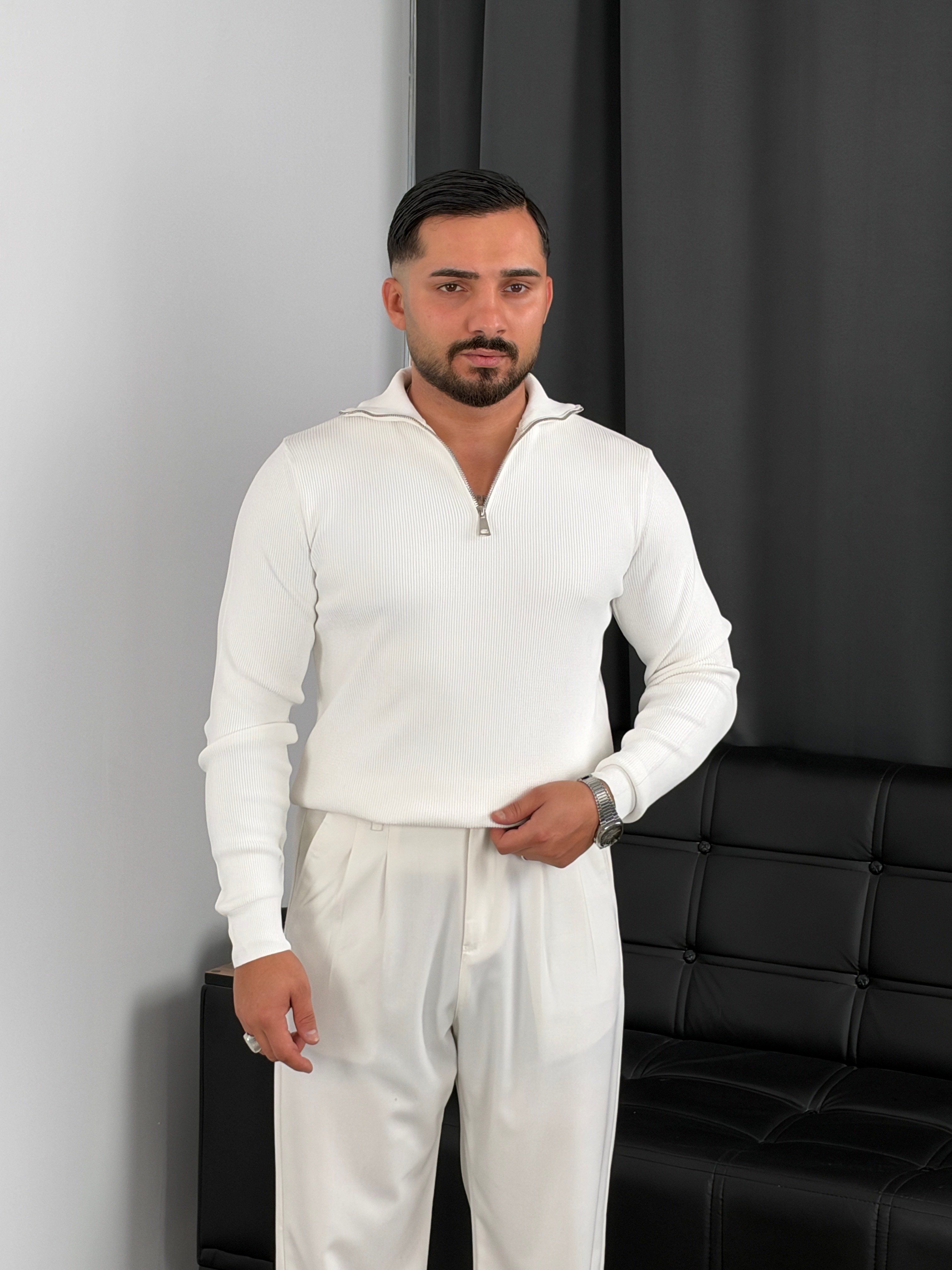 Elmas Triko Yarım Fermuar Sweatshirt Beyaz