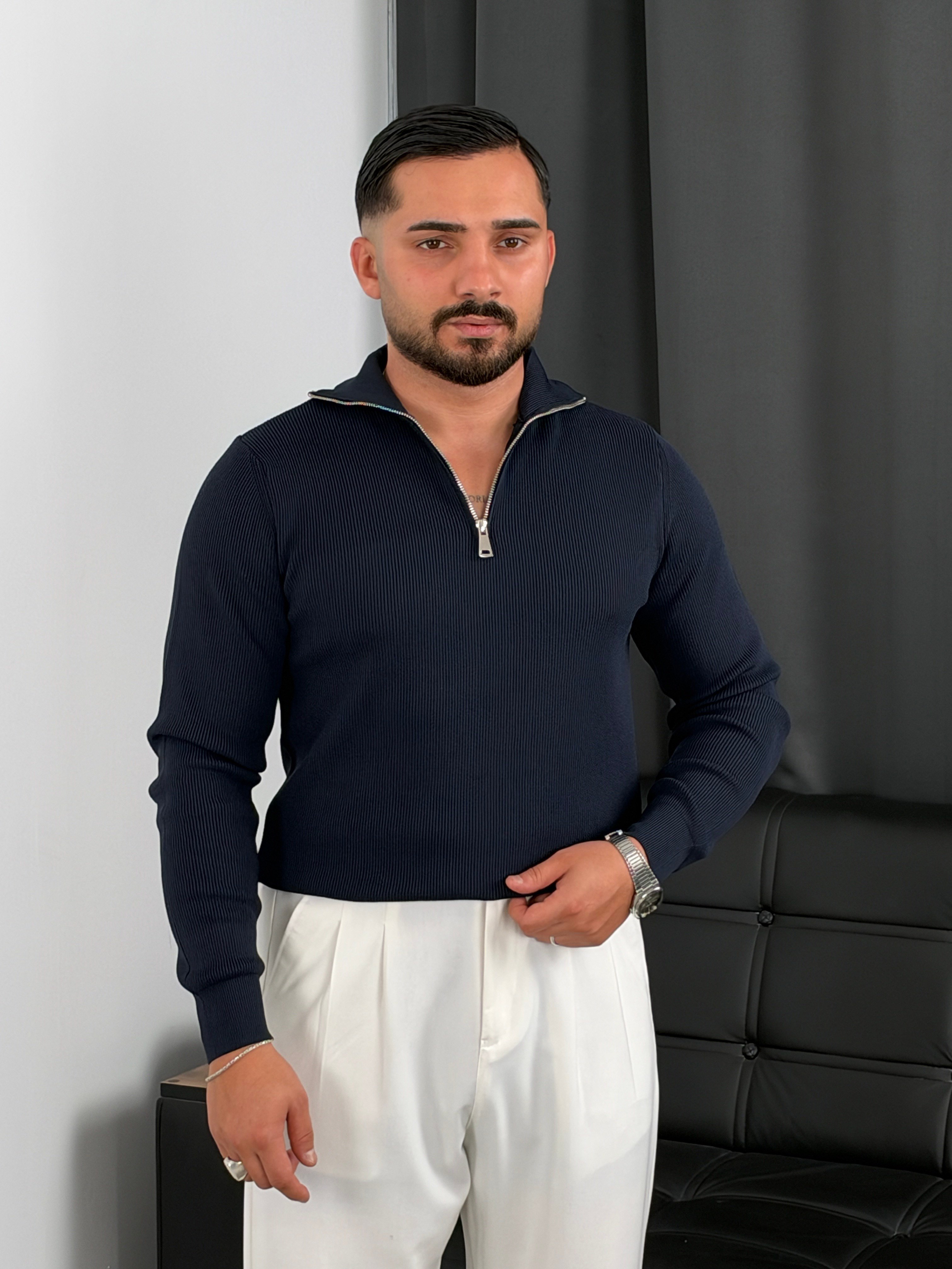 Elmas Triko Yarım Fermuar Sweatshirt Lacivert