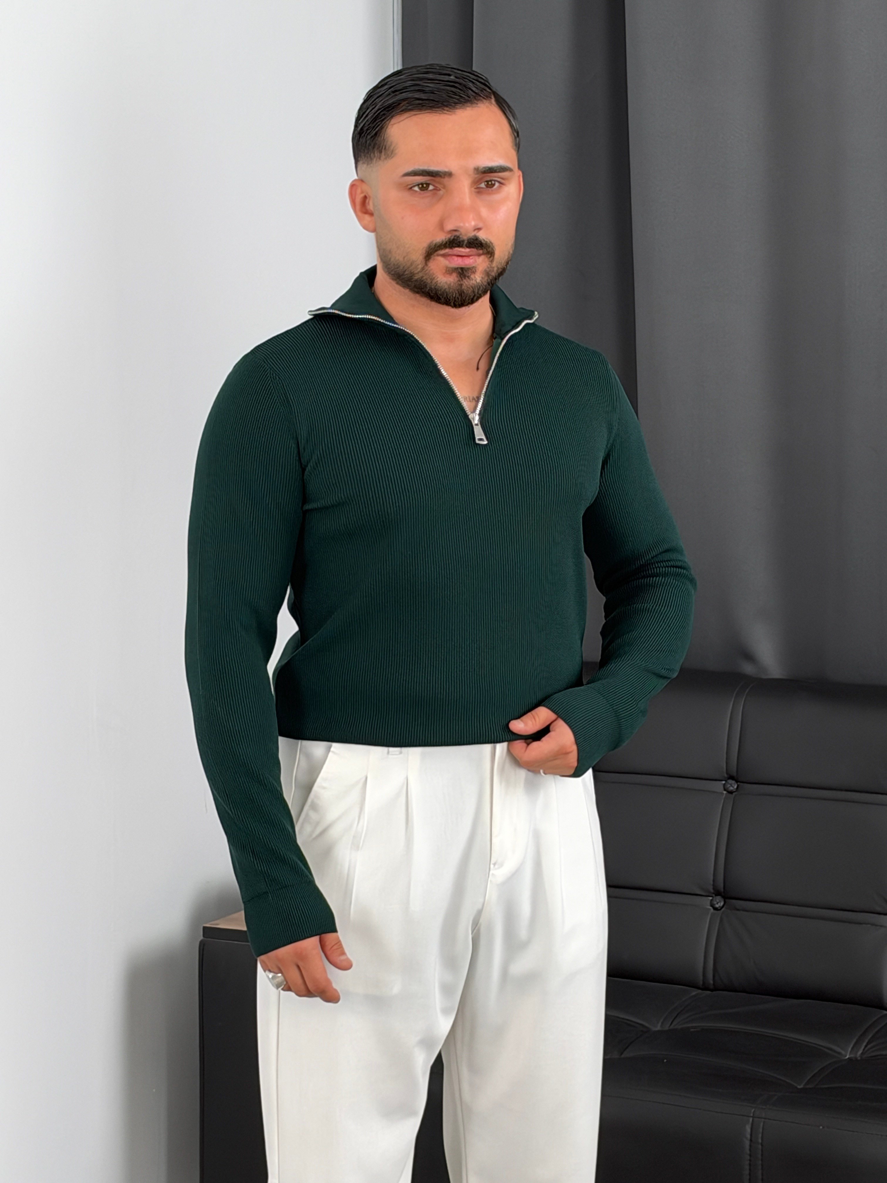Elmas Triko Yarım Fermuar Sweatshirt Zümrüt Yeşili