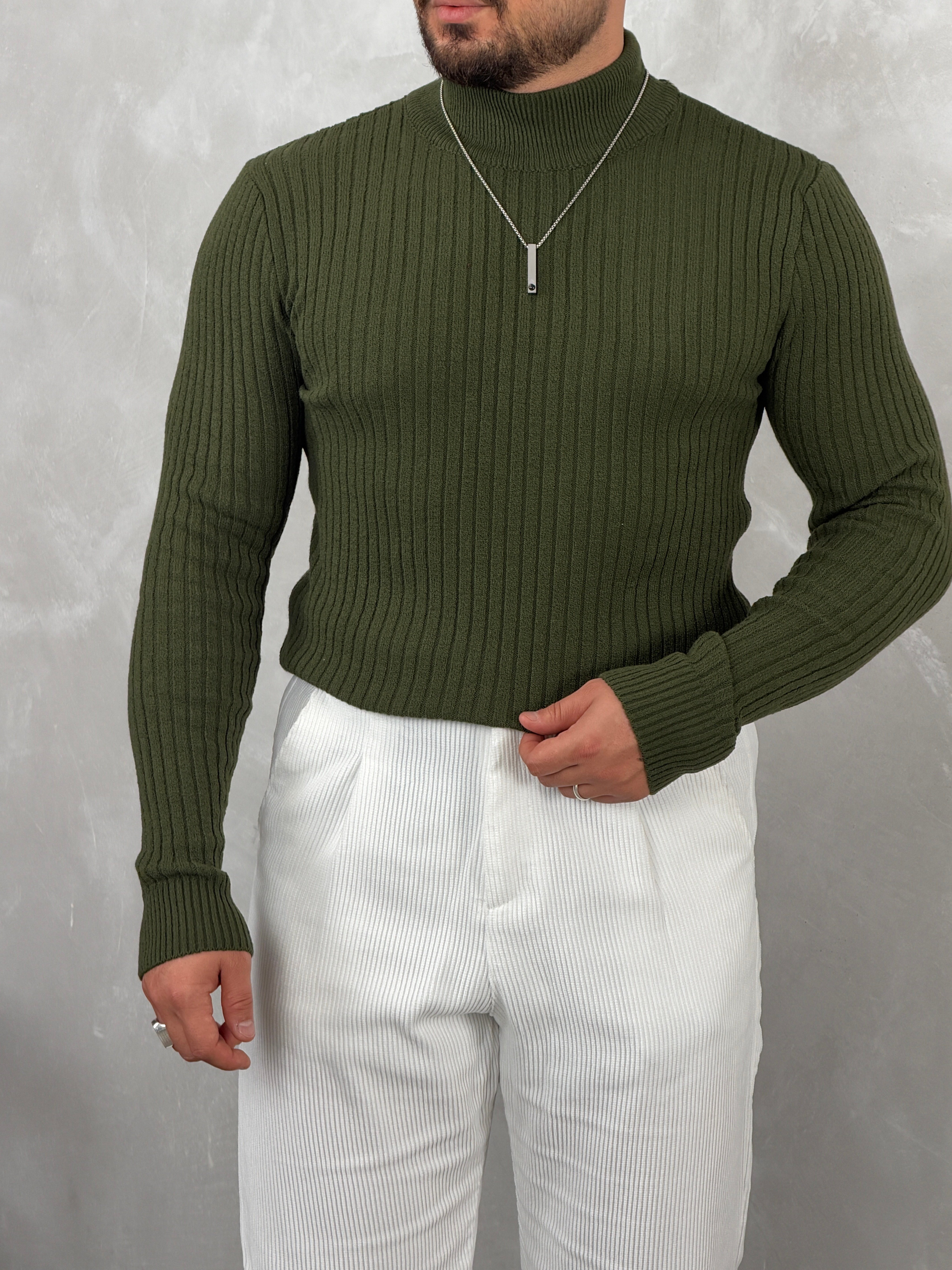 Fitilli Balıkçı Yaka Triko Sweatshirt Haki Yeşil