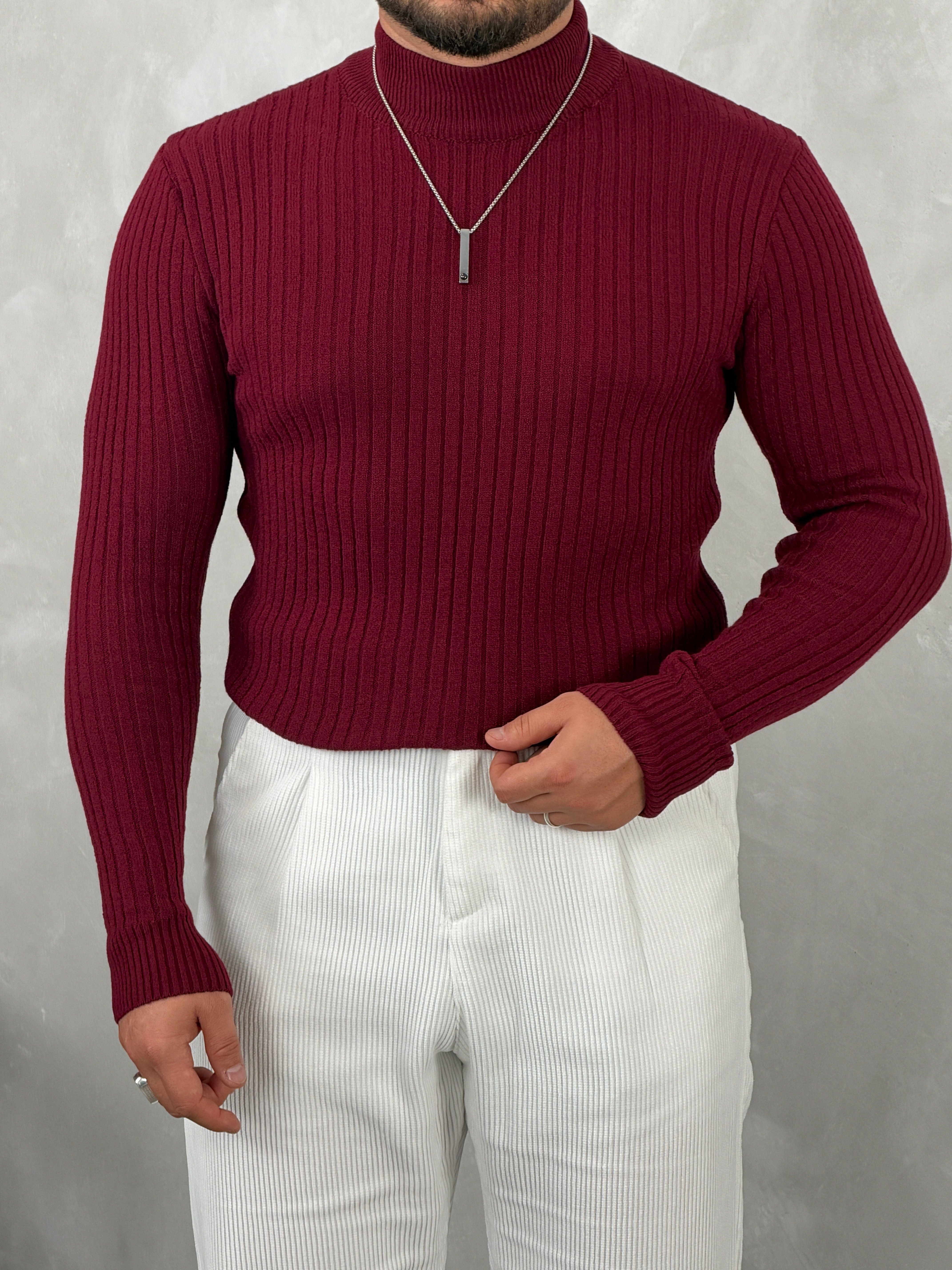 Fitilli Balıkçı Yaka Triko Sweatshirt Bordo
