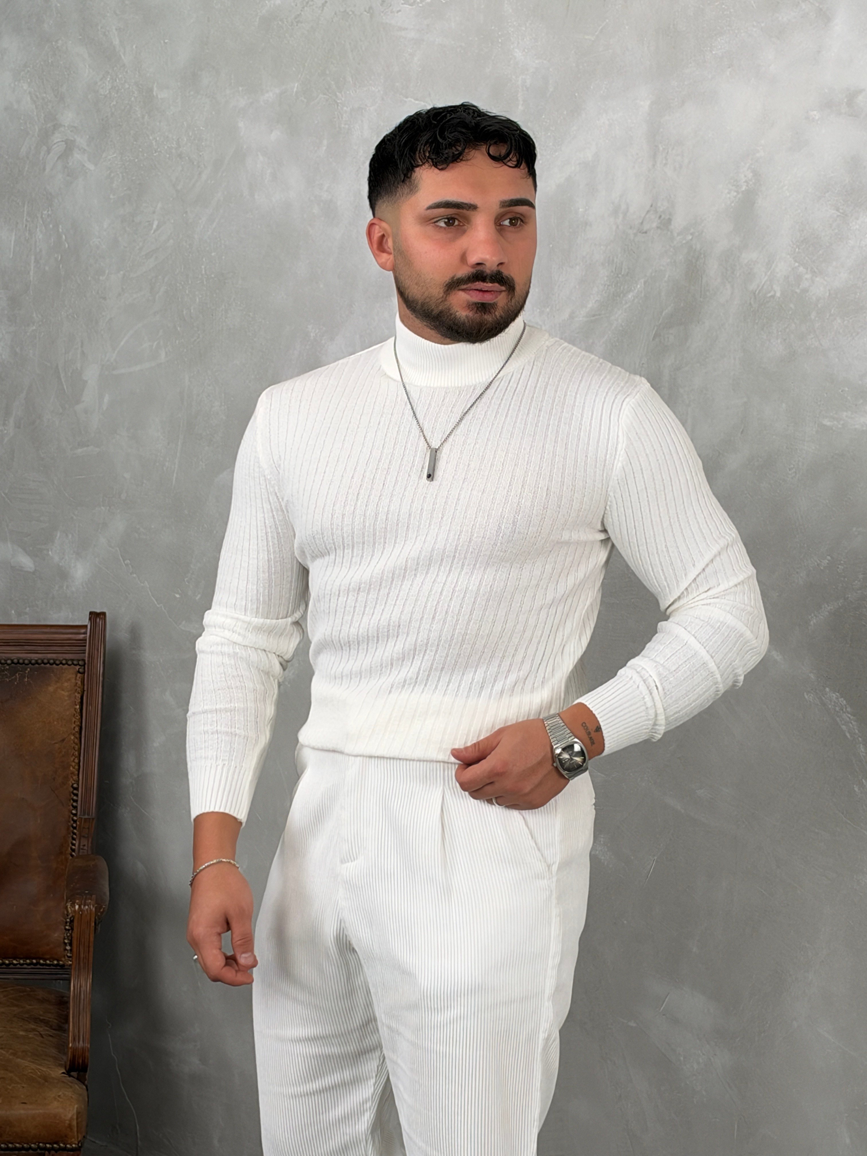 Fitilli Balıkçı Yaka Triko Sweatshirt Beyaz